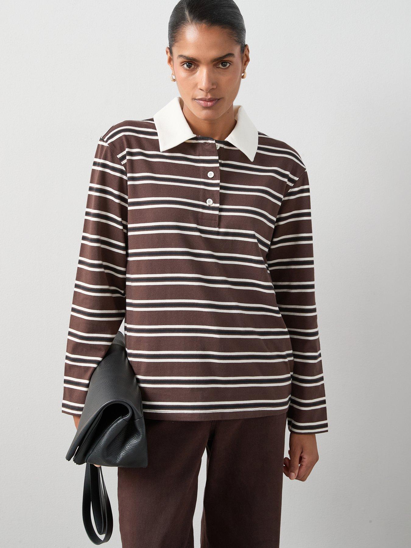 The Very Collection Collar Stripe Rugby Top - Brown