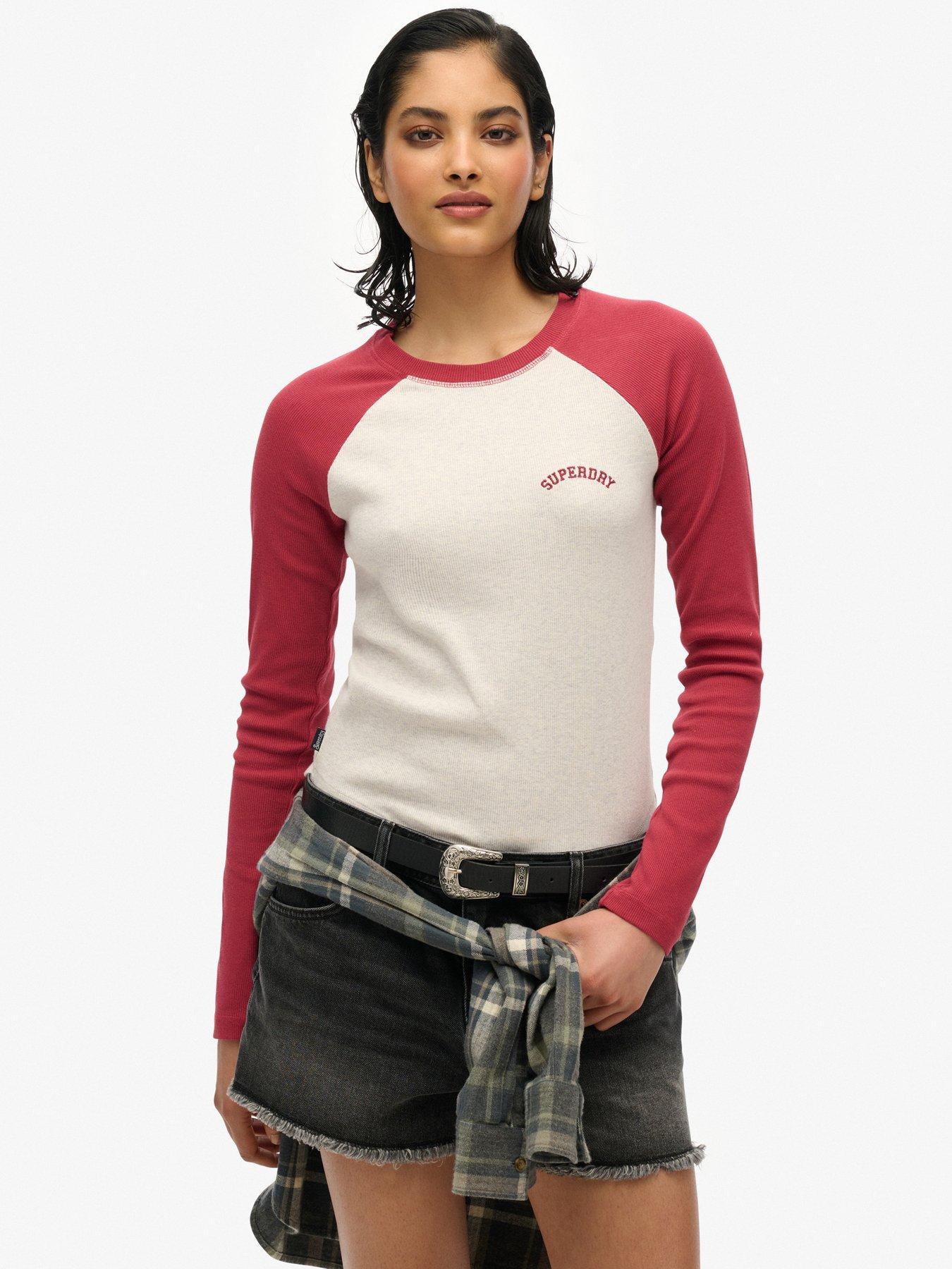 Image 1 of 4 of Superdry Essential Logo Ribbed Baseball Long Sleeve Top - Red