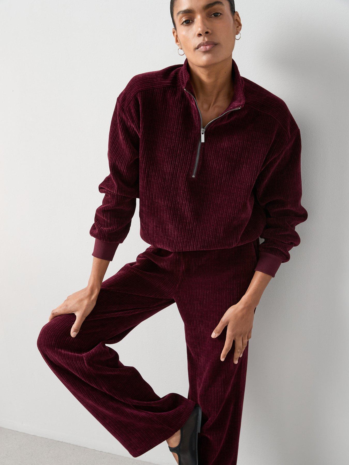 the-very-collection-velour-ribbed-half-zip-top-co-ord-burgundy