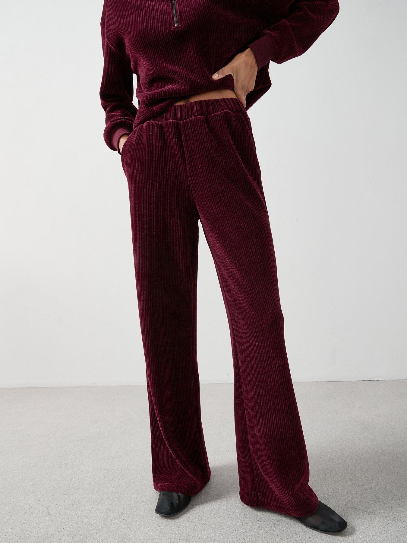 The Very Collection Velour Rib Wide Leg Trousers Co-Ord - Burgundy