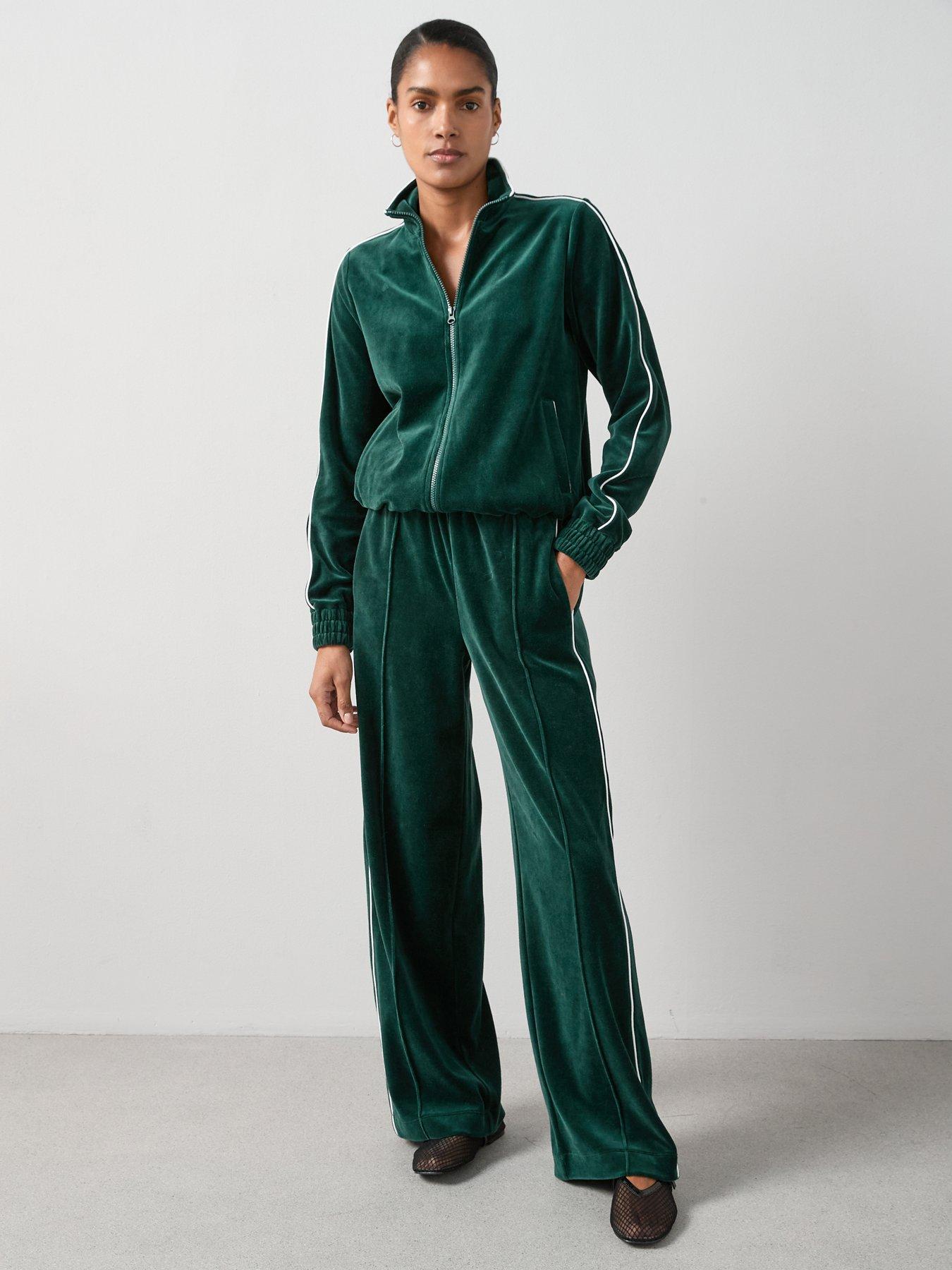 Image 3 of 6 of The Very Collection Velour Wide Leg Joggers With Piping Co-Ord - Green