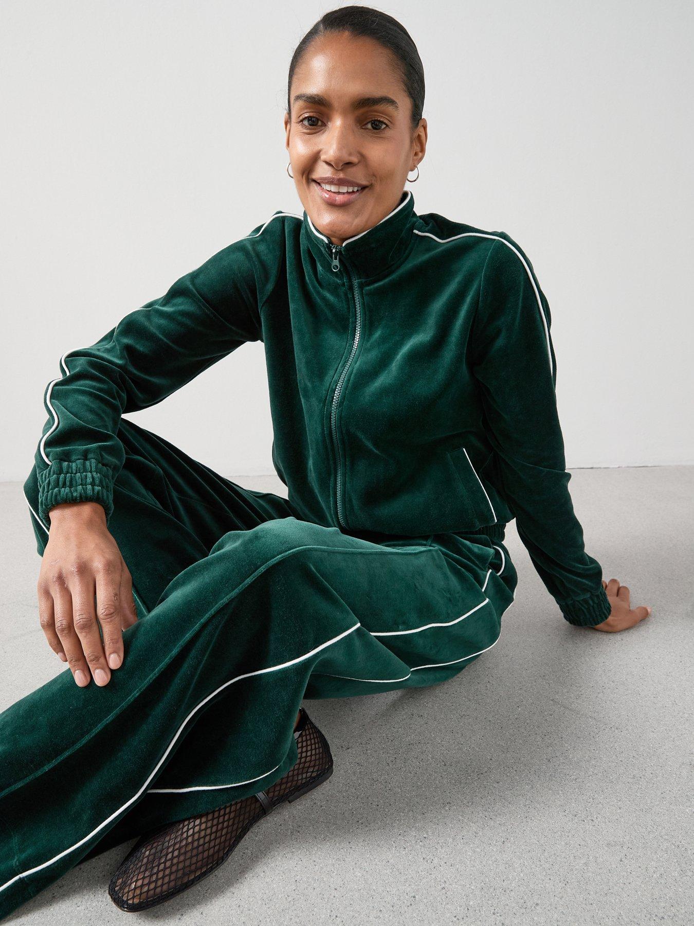 Image 4 of 6 of The Very Collection Velour Wide Leg Joggers With Piping Co-Ord - Green