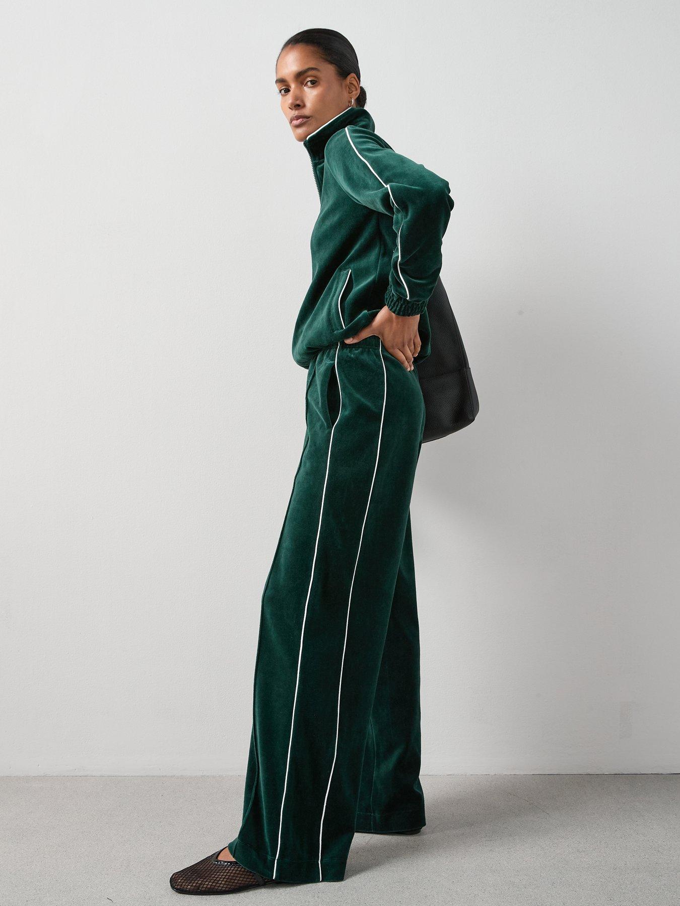 Image 6 of 6 of The Very Collection Velour Wide Leg Joggers With Piping Co-Ord - Green