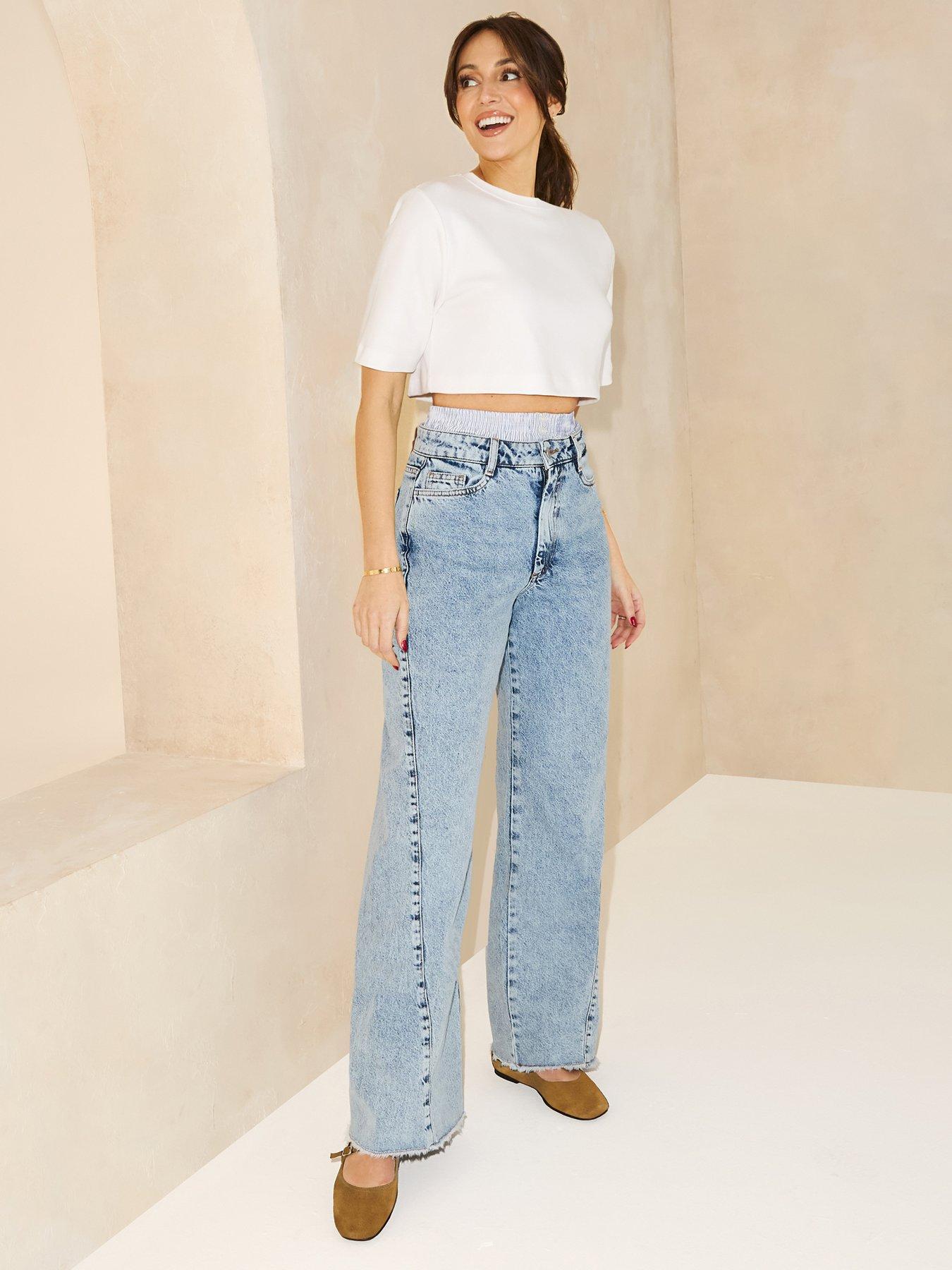 Image of Michelle Keegan Double Waistband Wide Leg Jean - Mid Wash