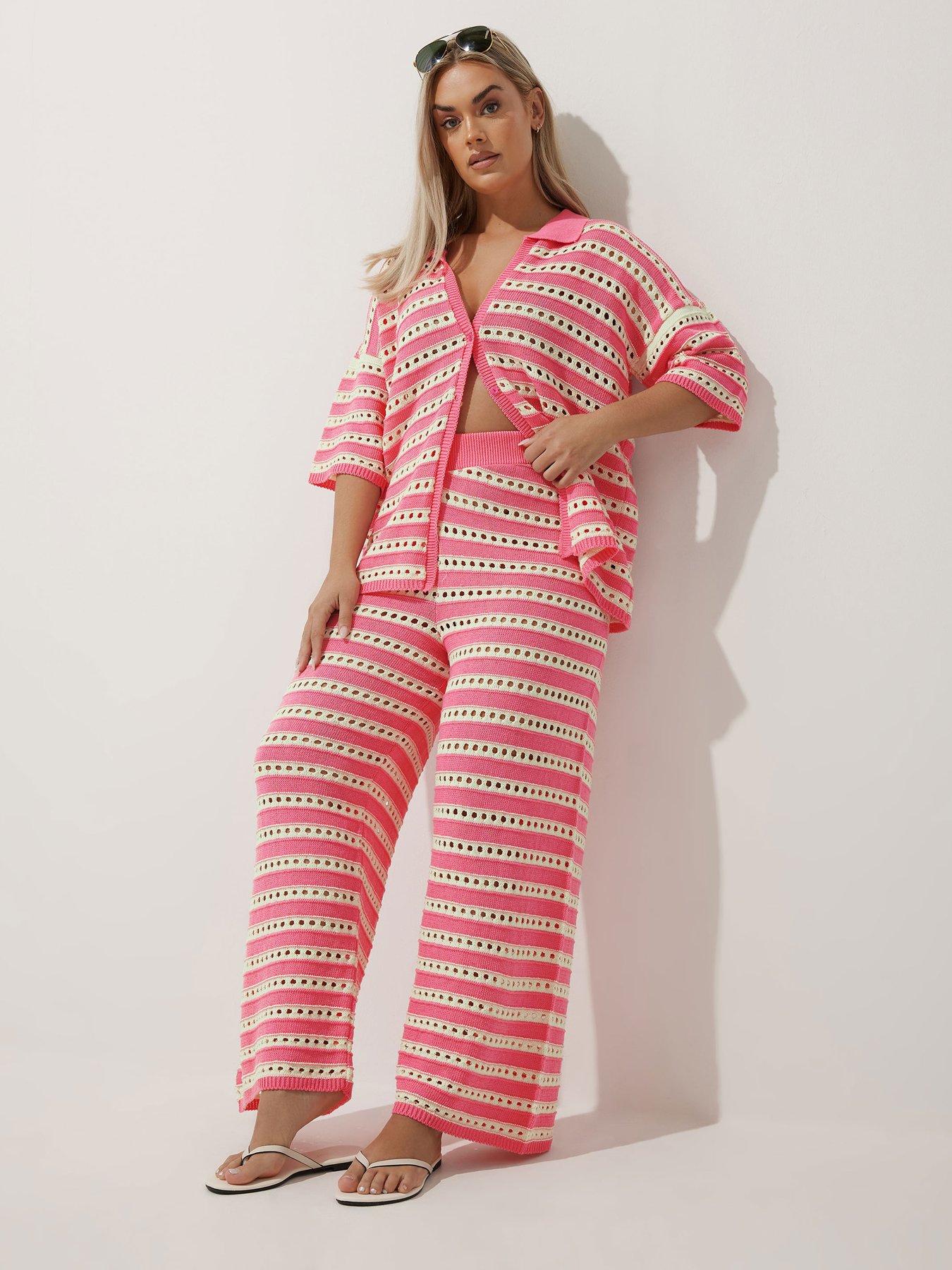 Image 3 of 4 of Yours Curve Knitted Trouser - Pink/White