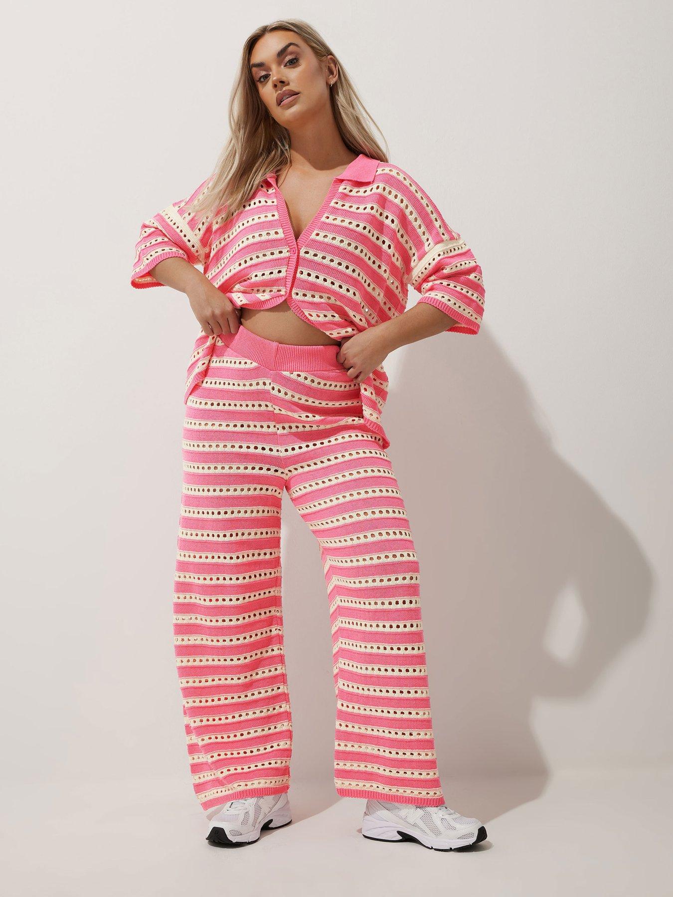 Image 4 of 4 of Yours Curve Knitted Trouser - Pink/White
