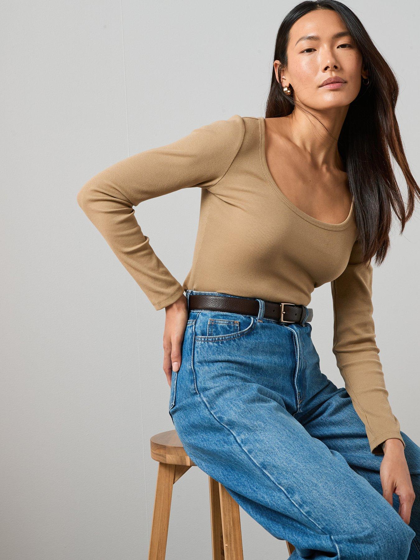 The Very Collection Rib Scoop Neck Long Sleeve Top - Taupe