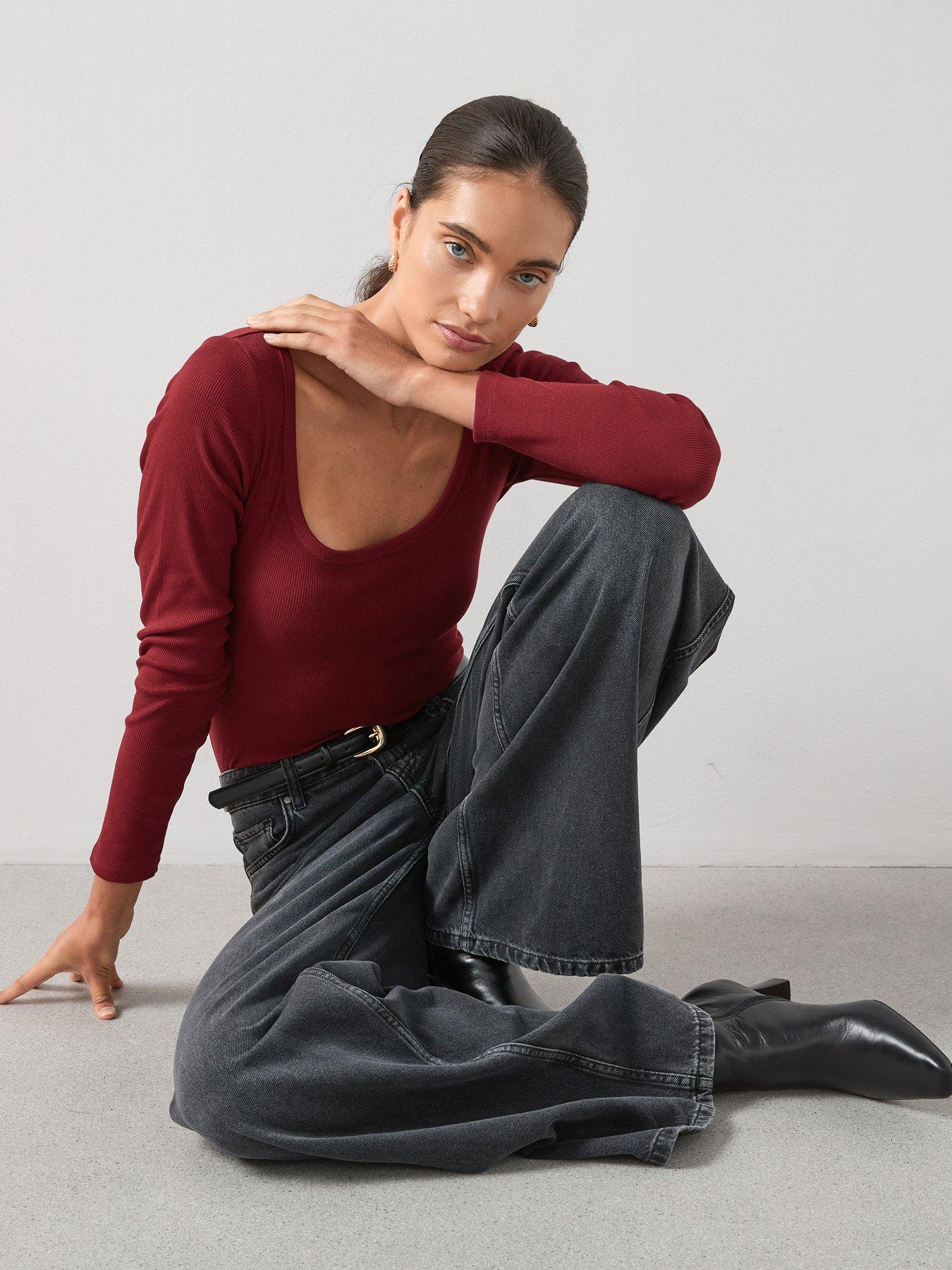 The Very Collection Ribbed Scoop Neck Long Sleeve - Burgundy