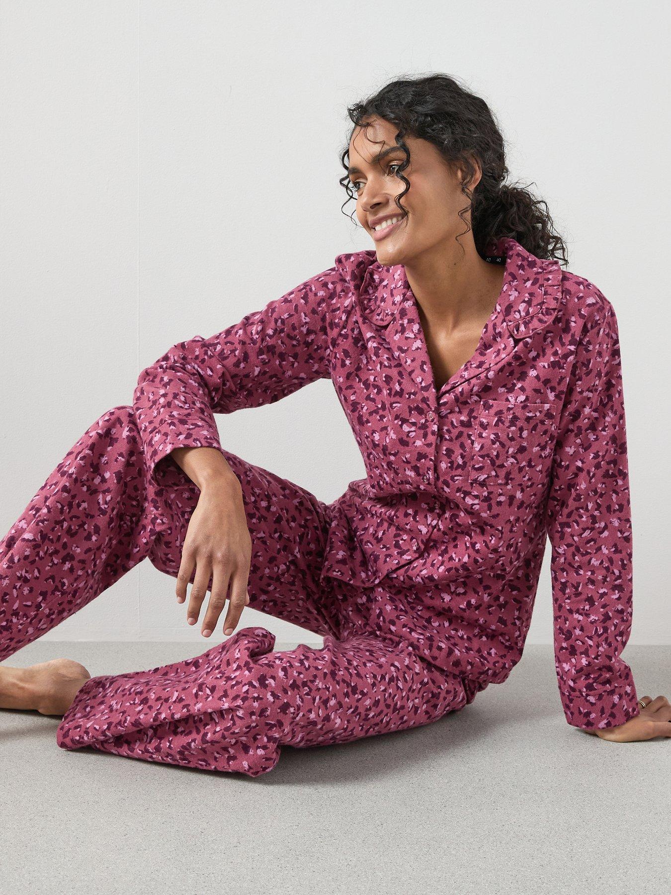 The Very Collection Leopard Print Frill Collar Revere Pyjama Set - Purple