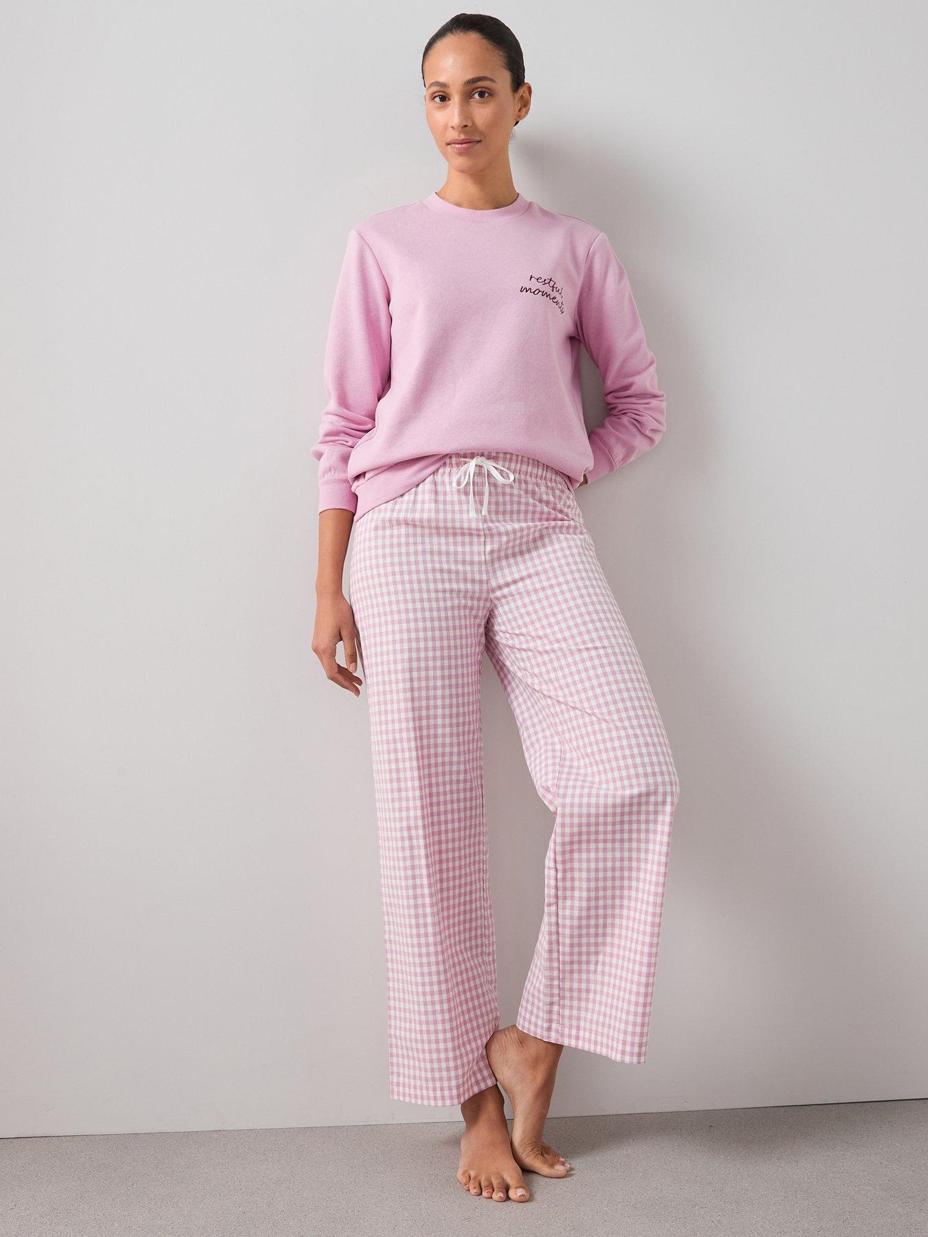 the-very-collection-slogan-sweat-and-gingham-bottoms-pyjama-set-pink
