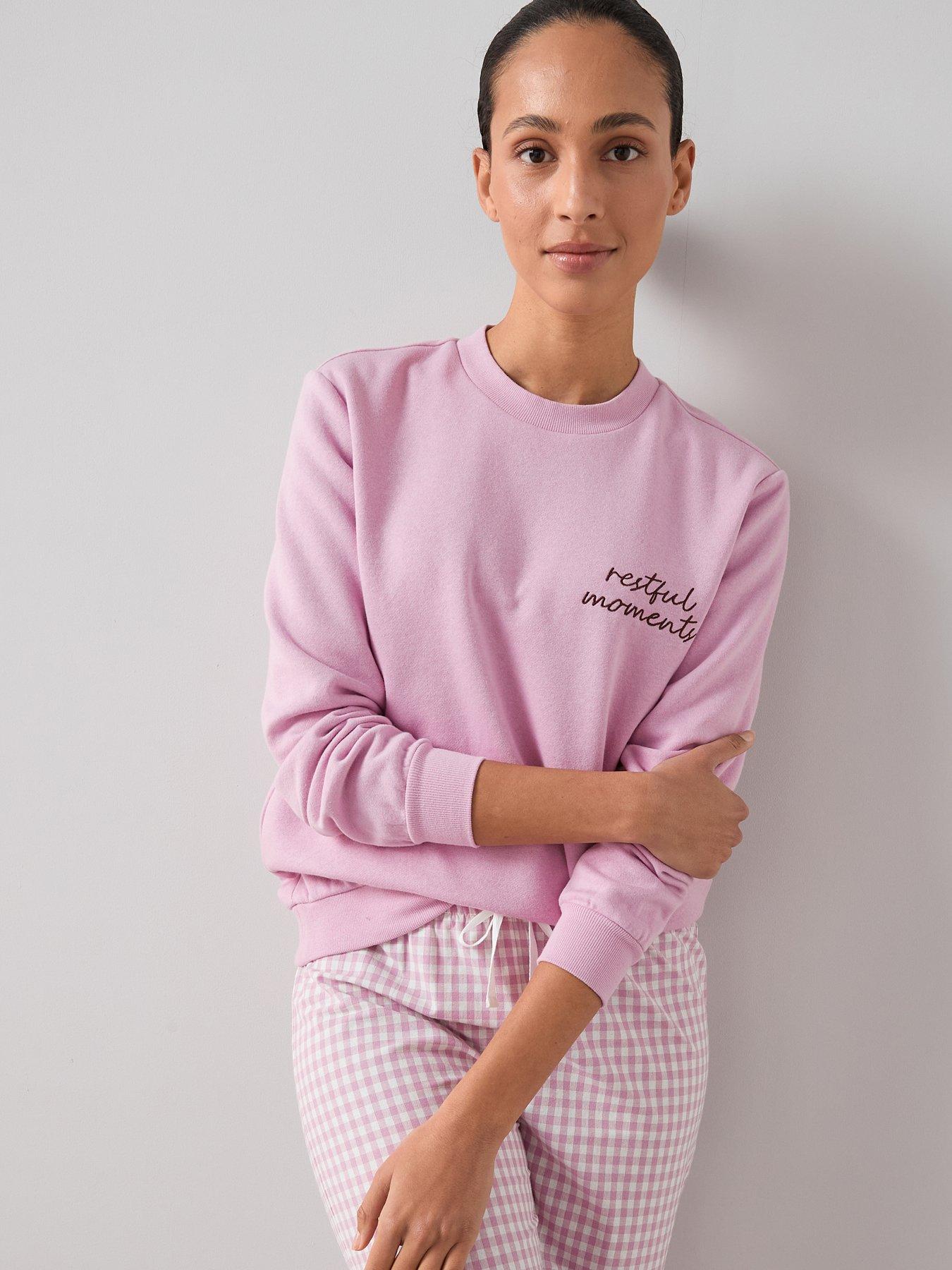 the-very-collection-slogan-sweat-and-gingham-bottoms-pyjama-set-pinkoutfit