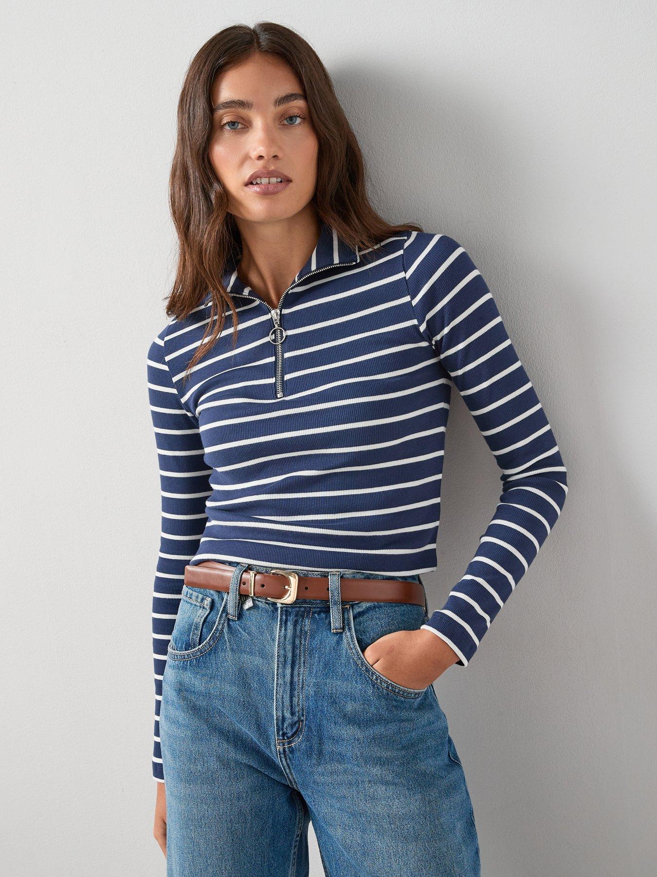 undefined Stripe Collar Rib Long Sleeve Top - Navy