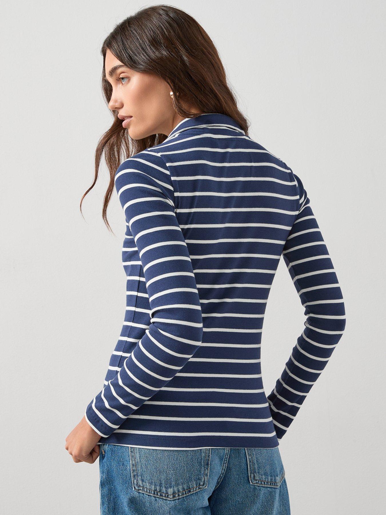 Image 2 of 6 of The Very Collection Stripe Collar Rib Long Sleeve Top - Navy