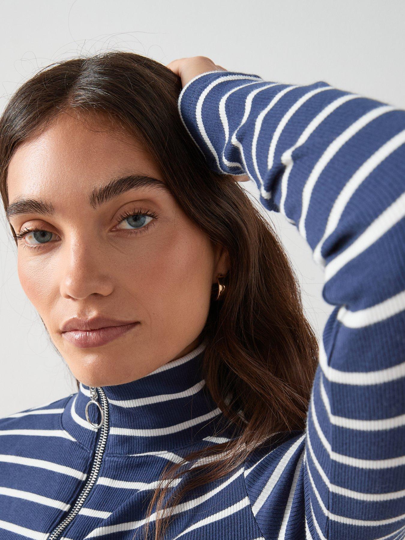 Image 4 of 6 of The Very Collection Stripe Collar Rib Long Sleeve Top - Navy