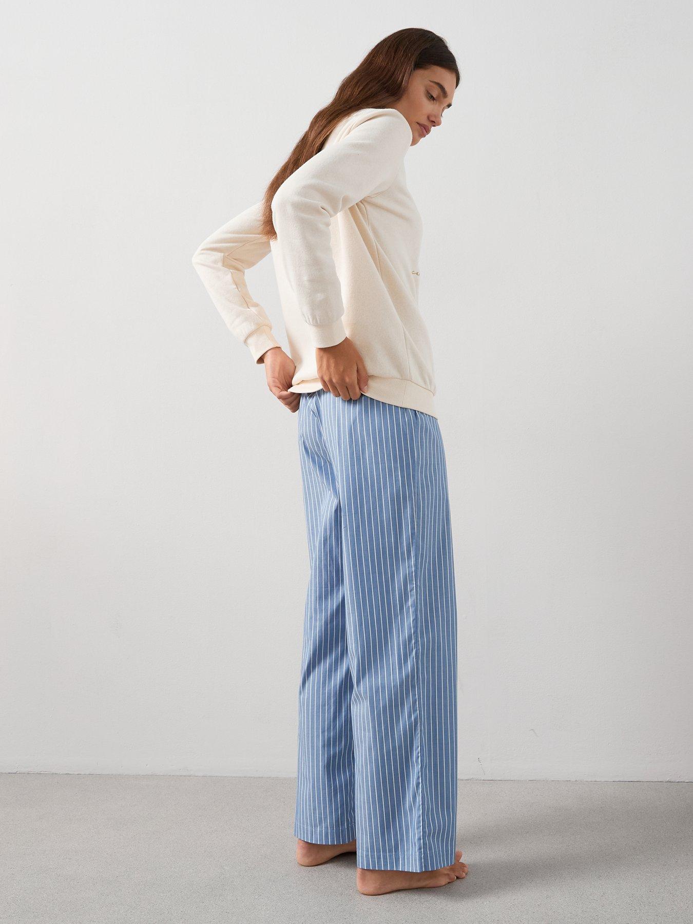 Image 2 of 6 of The Very Collection Slogan Sweat And Woven Stripe Bottom Pj Set - Blue