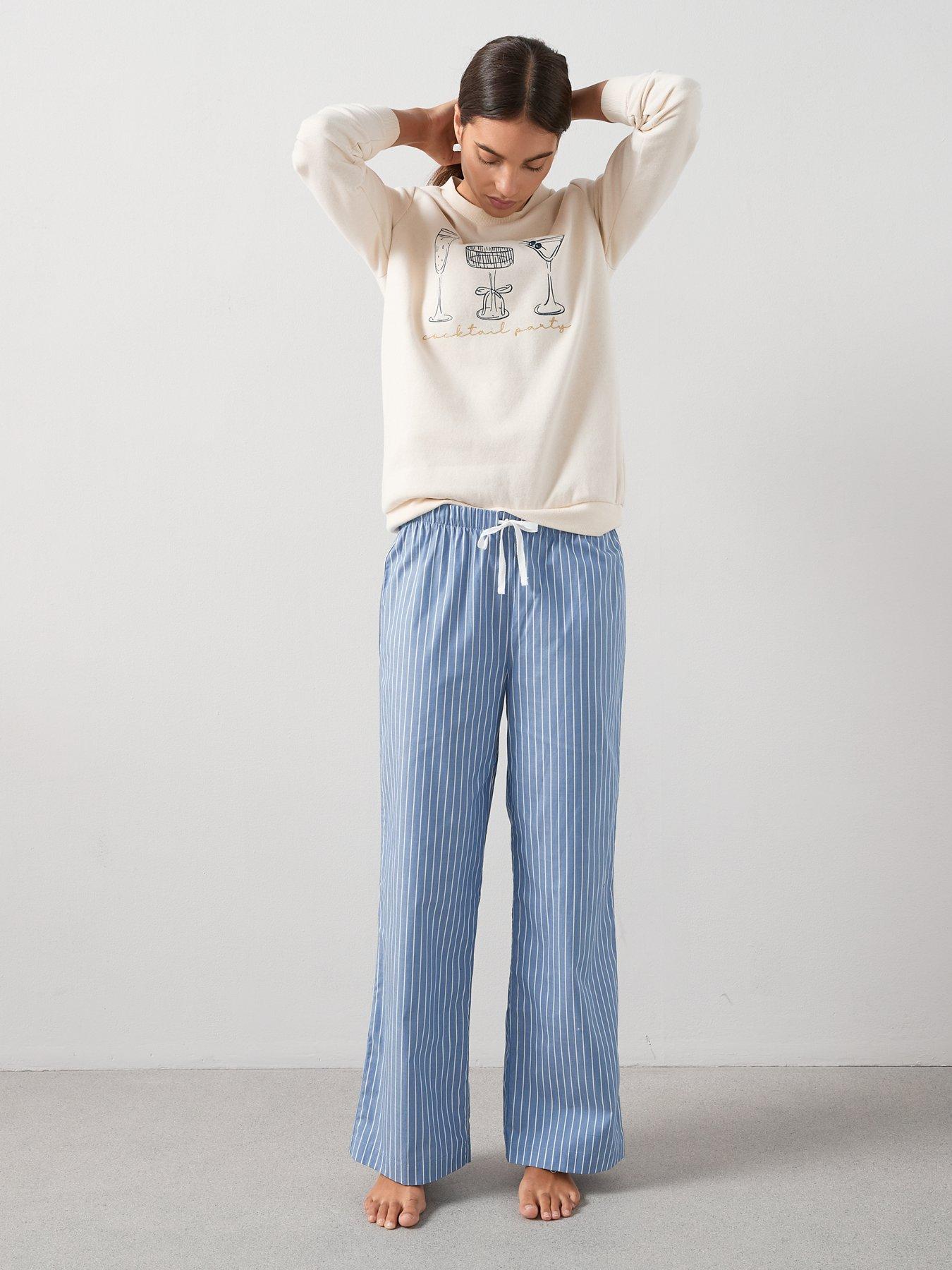 Image 3 of 6 of The Very Collection Slogan Sweat And Woven Stripe Bottom Pj Set - Blue