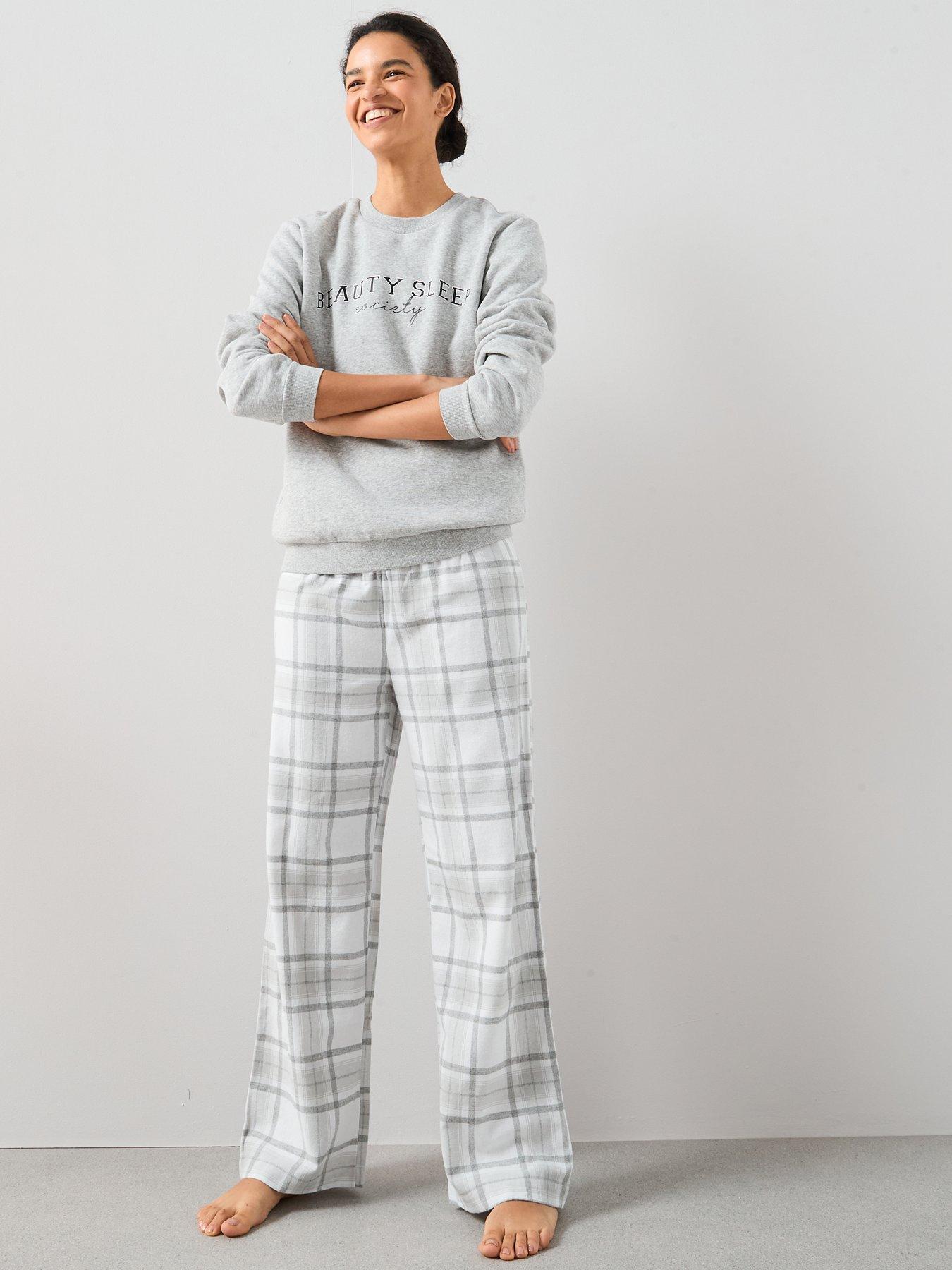 The Very Collection Slogan Sweat And Woven Check Bottoms Pj Set - Grey