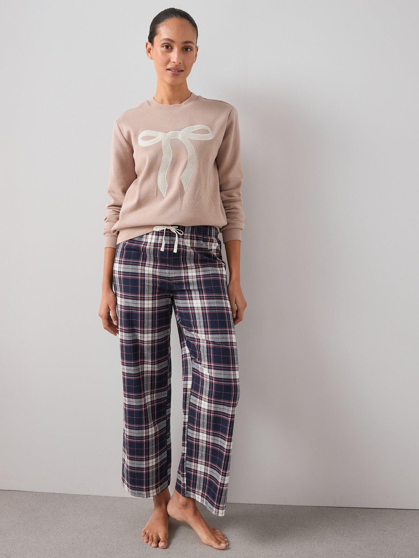 the-very-collection-bow-print-sweat-and-woven-check-bottom-pyjama-set-purple