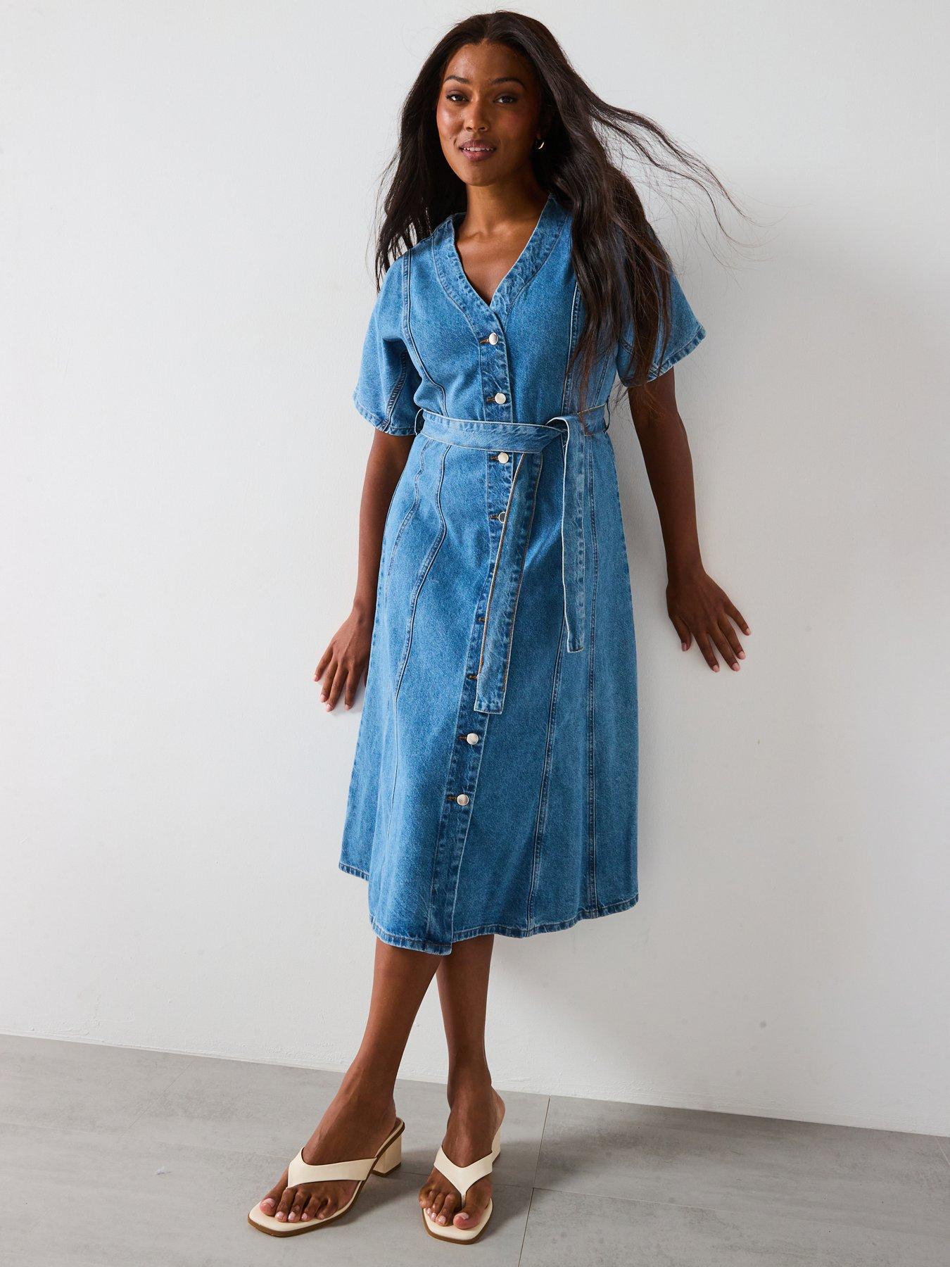 undefined Fit  &  Flare Denim Midi Dress - Blue