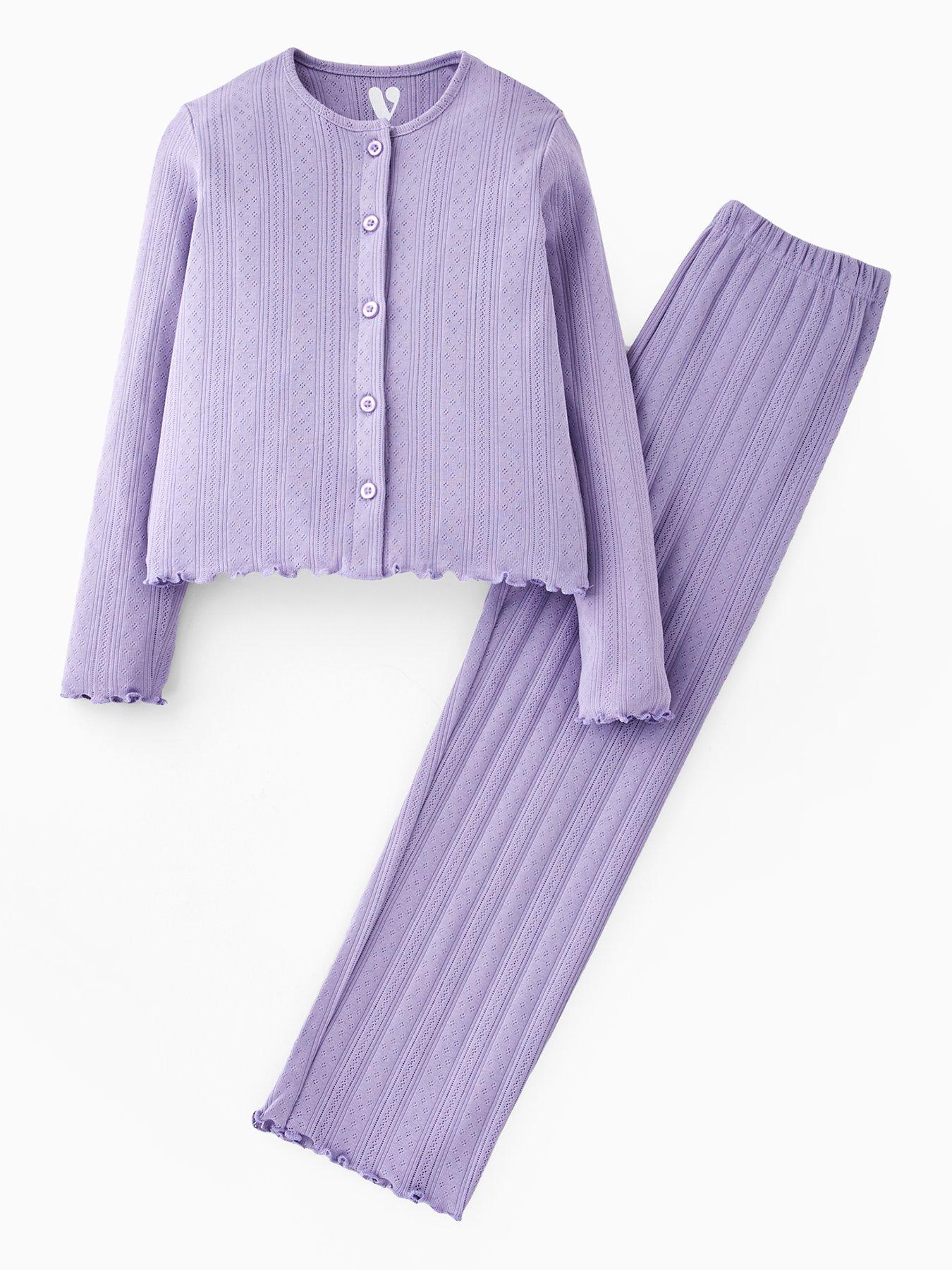 V by Very Girls Button Front Wide Leg Pointelle Set - Purple