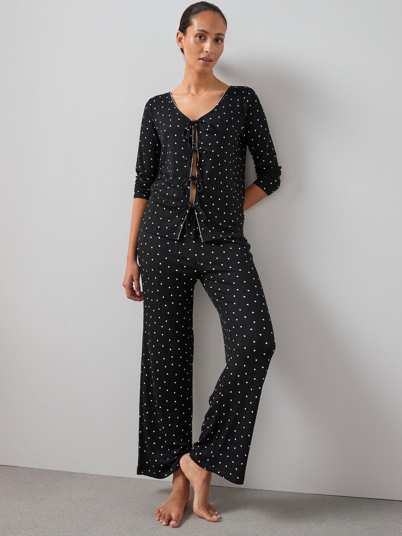 Image 1 of 5 of The Very Collection Polka Dot Tie Front Jersey Top And Wide Leg Bottom Pj Set - Black