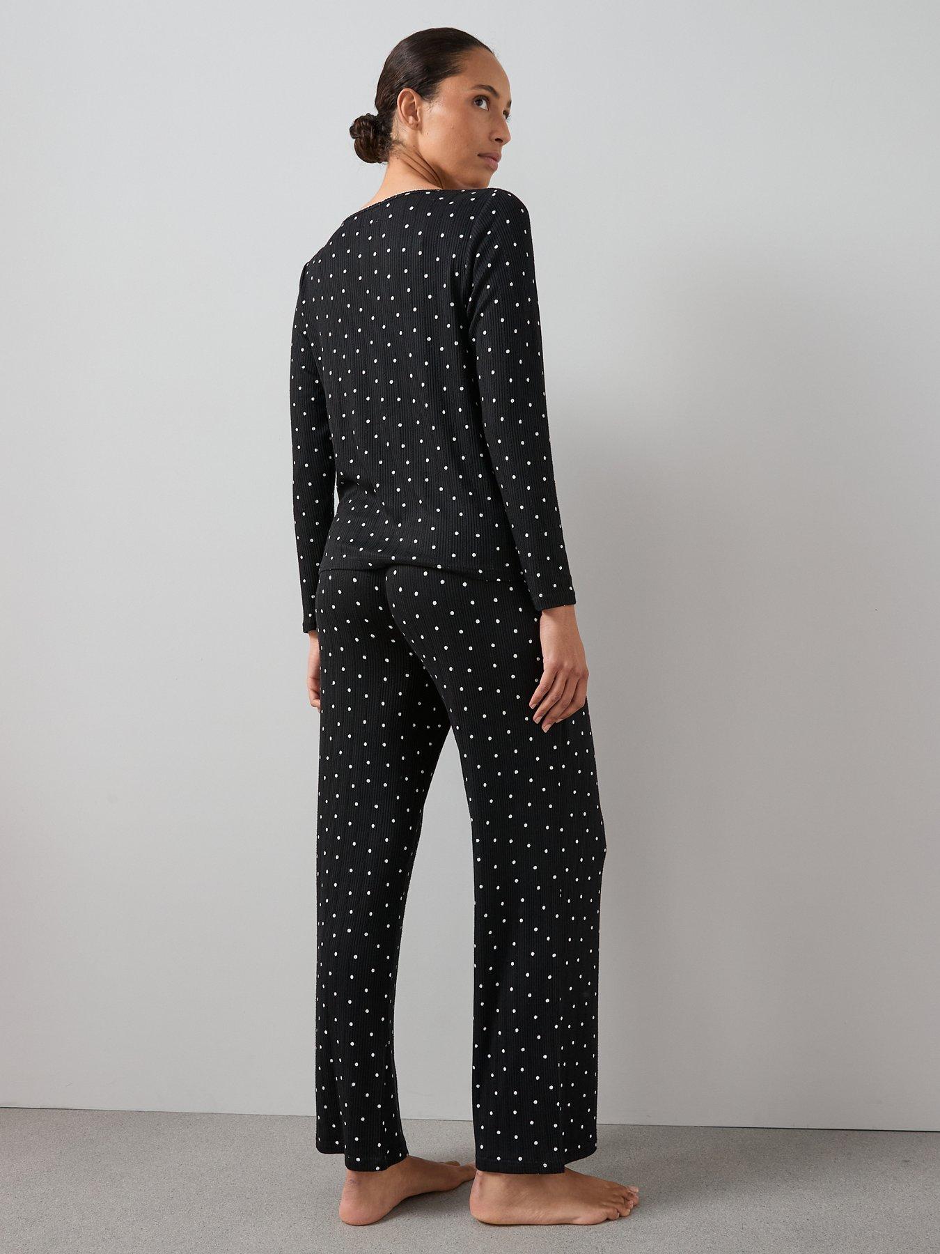 Image 2 of 5 of The Very Collection Polka Dot Tie Front Jersey Top And Wide Leg Bottom Pj Set - Black