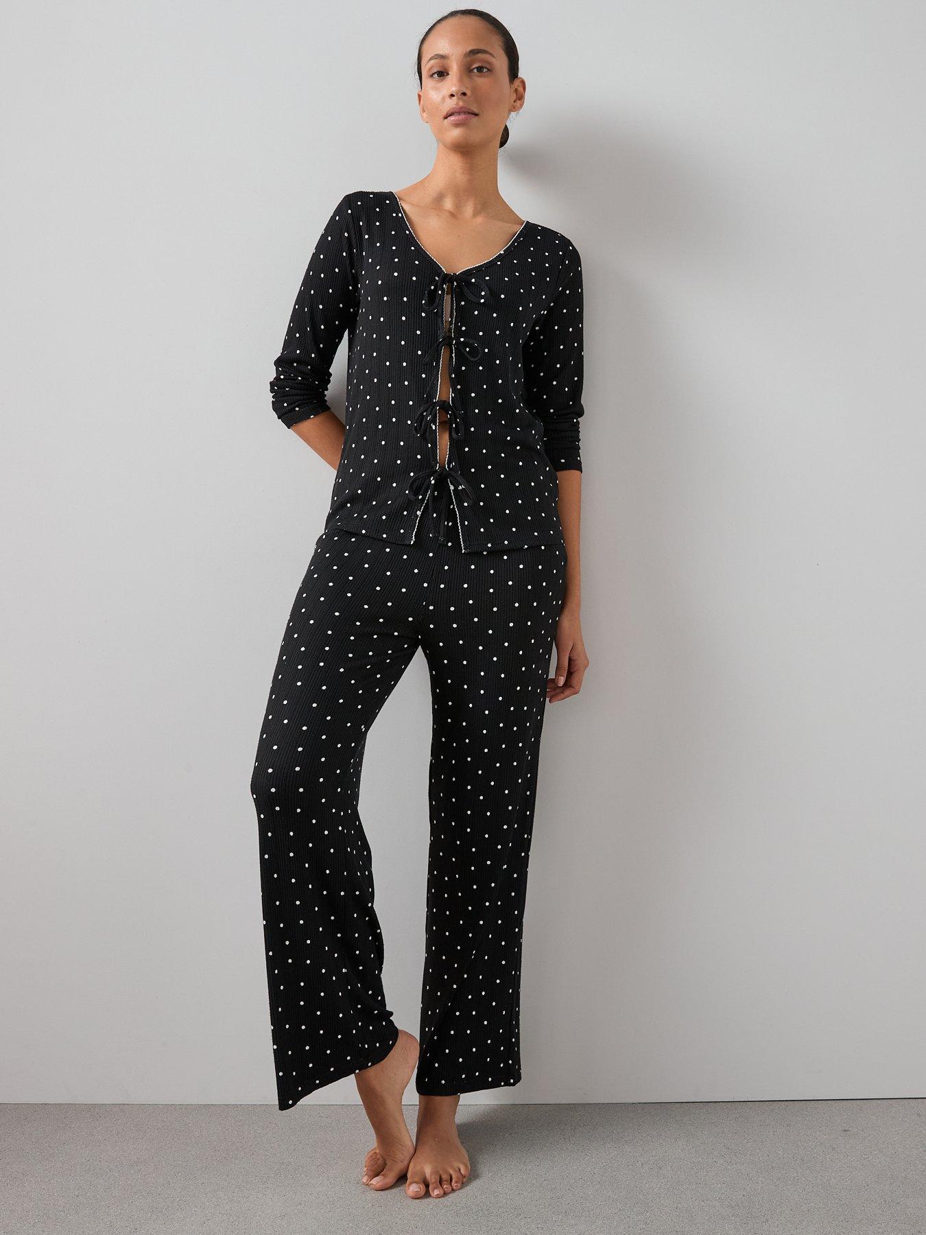 Image 3 of 5 of The Very Collection Polka Dot Tie Front Jersey Top And Wide Leg Bottom Pj Set - Black