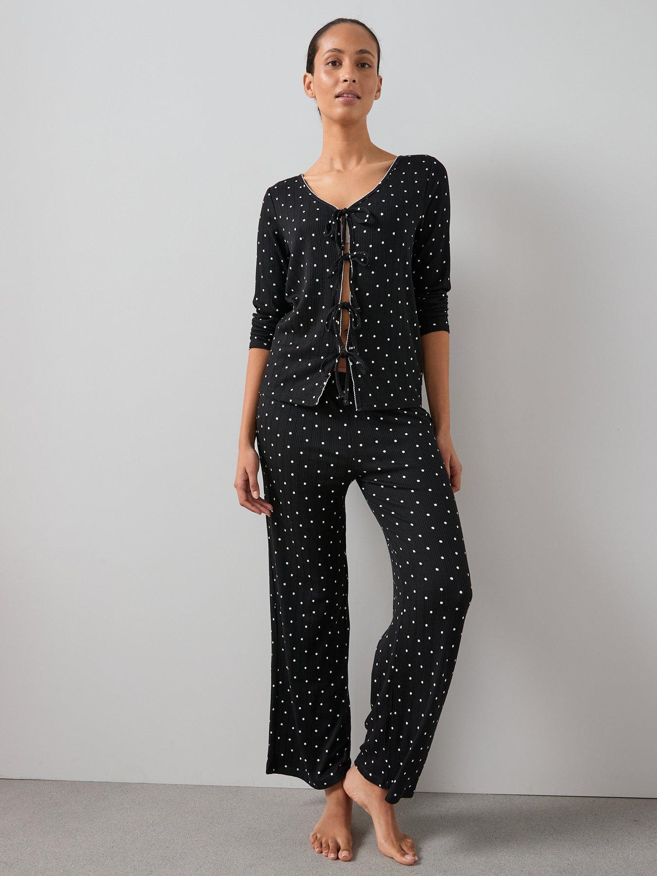 Image 4 of 5 of The Very Collection Polka Dot Tie Front Jersey Top And Wide Leg Bottom Pj Set - Black