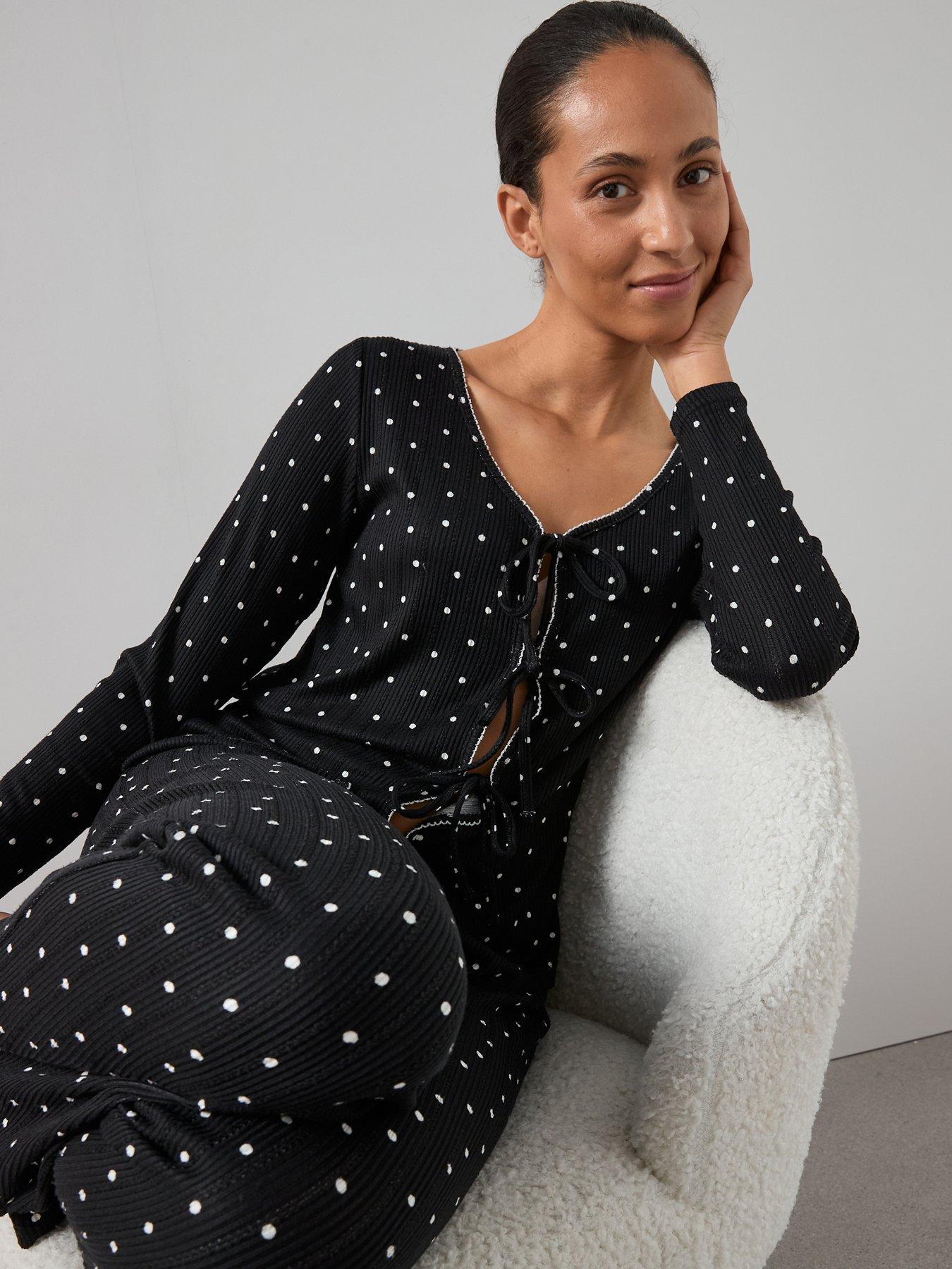 Image 5 of 5 of The Very Collection Polka Dot Tie Front Jersey Top And Wide Leg Bottom Pj Set - Black