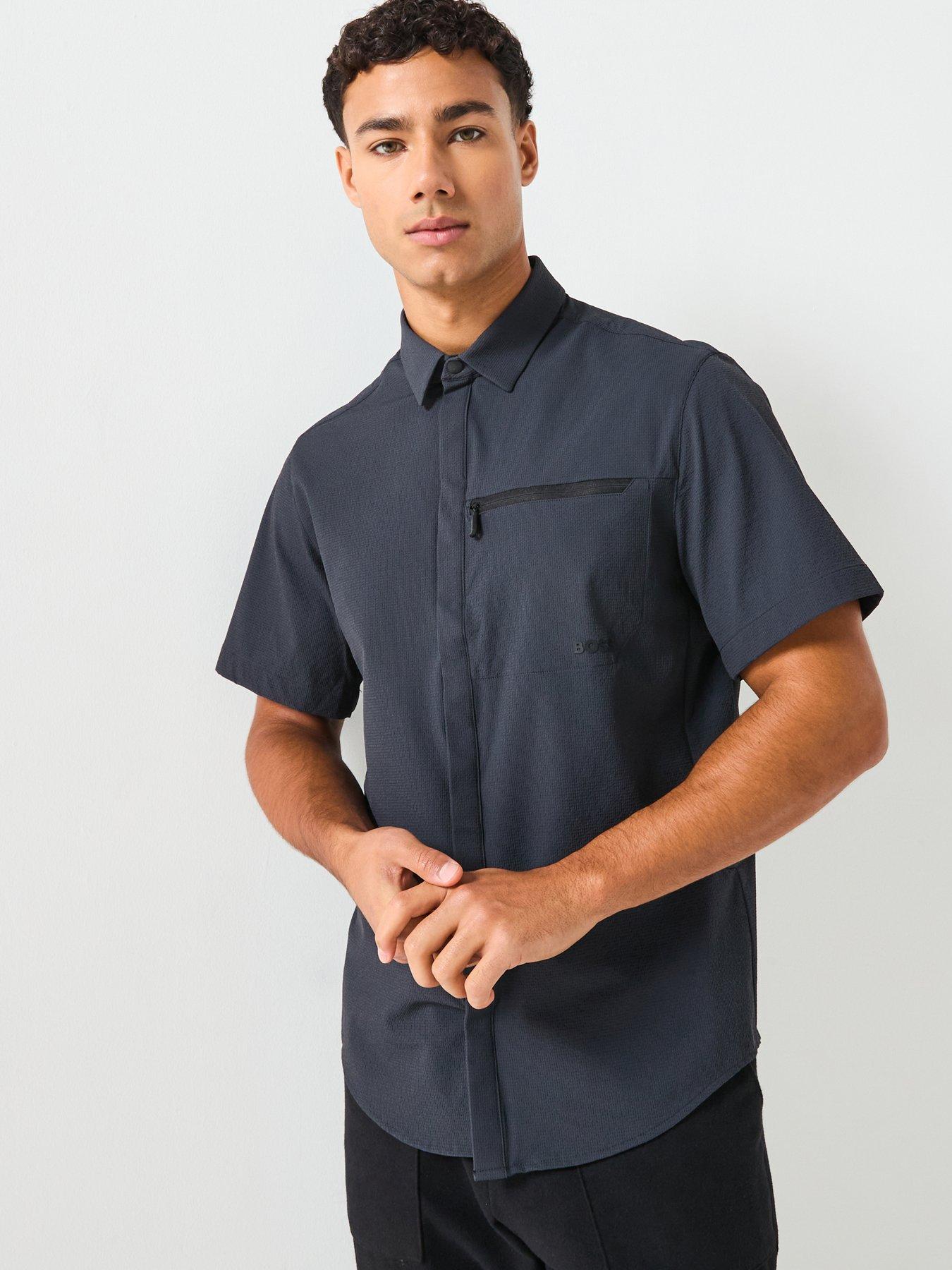 BOSS Urban Tsr Seersucker Regular Fit Short Sleeve Shirt - Navy