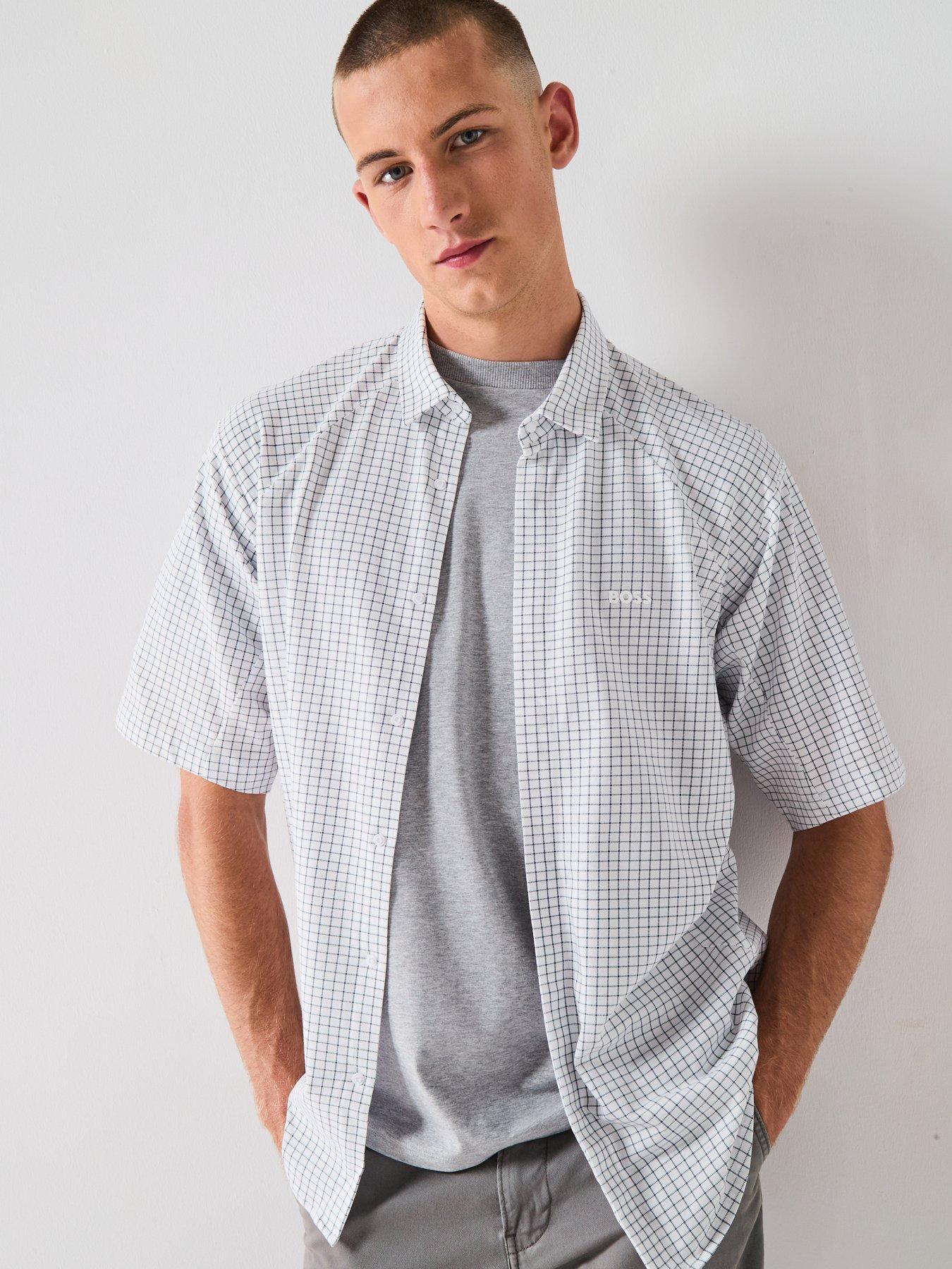 BOSS Excurse Regular Fit Grid Short Sleeve Shirt - White