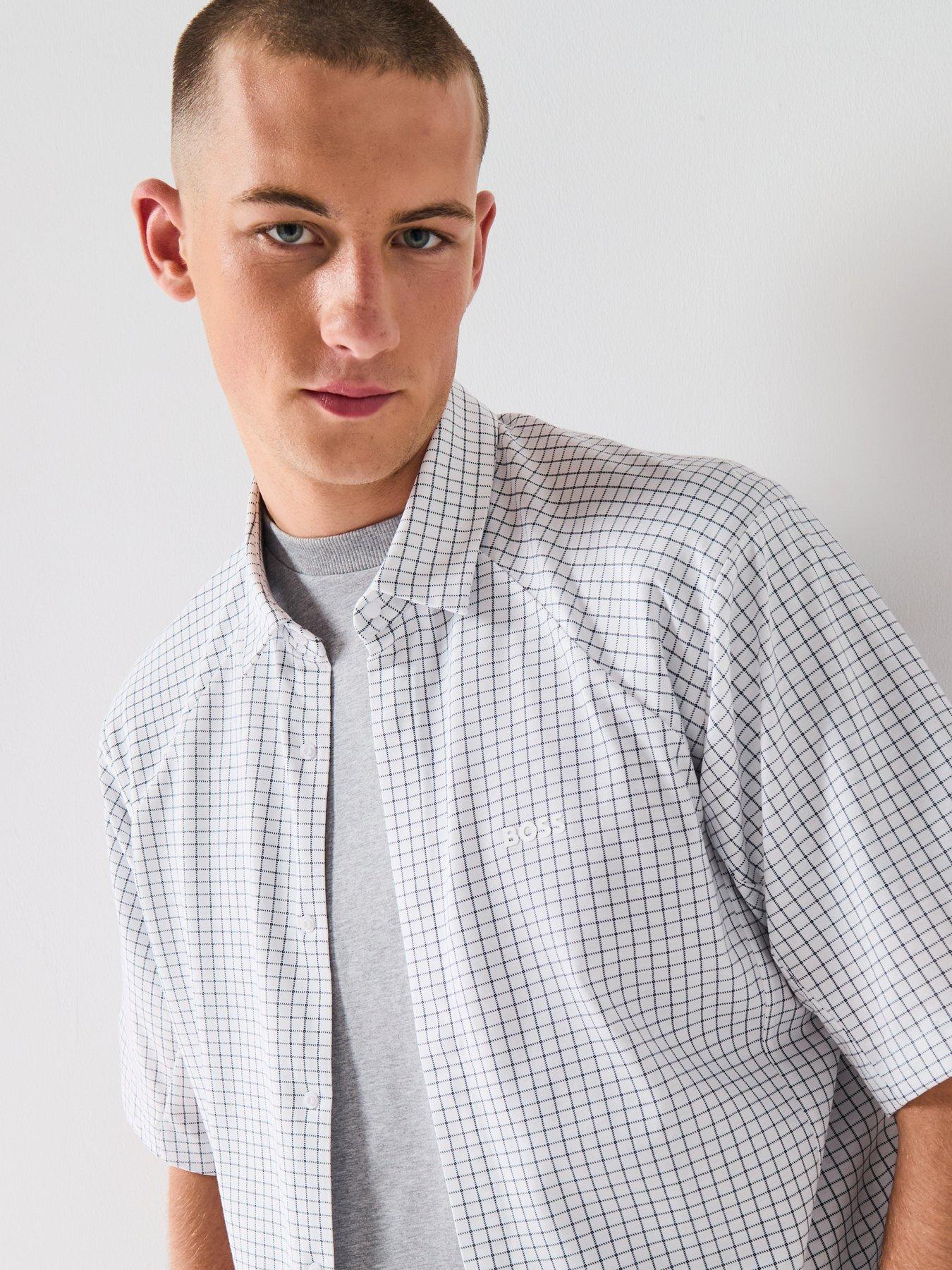 Image 4 of 5 of BOSS Excurse Regular Fit Grid Short Sleeve Shirt - White