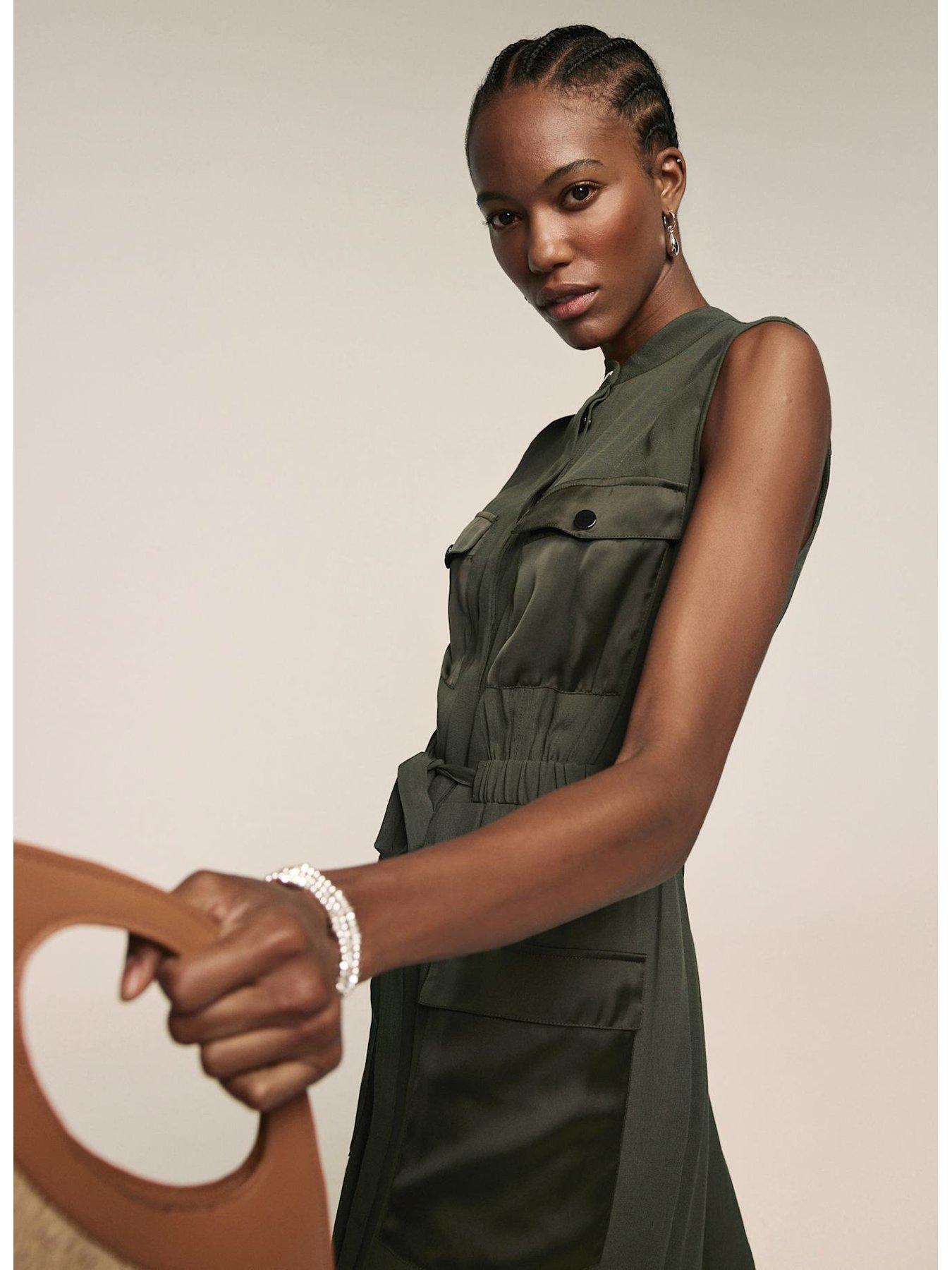 Mint Velvet Satin Mix Utility Shirt Dress - Khaki | Very Ireland