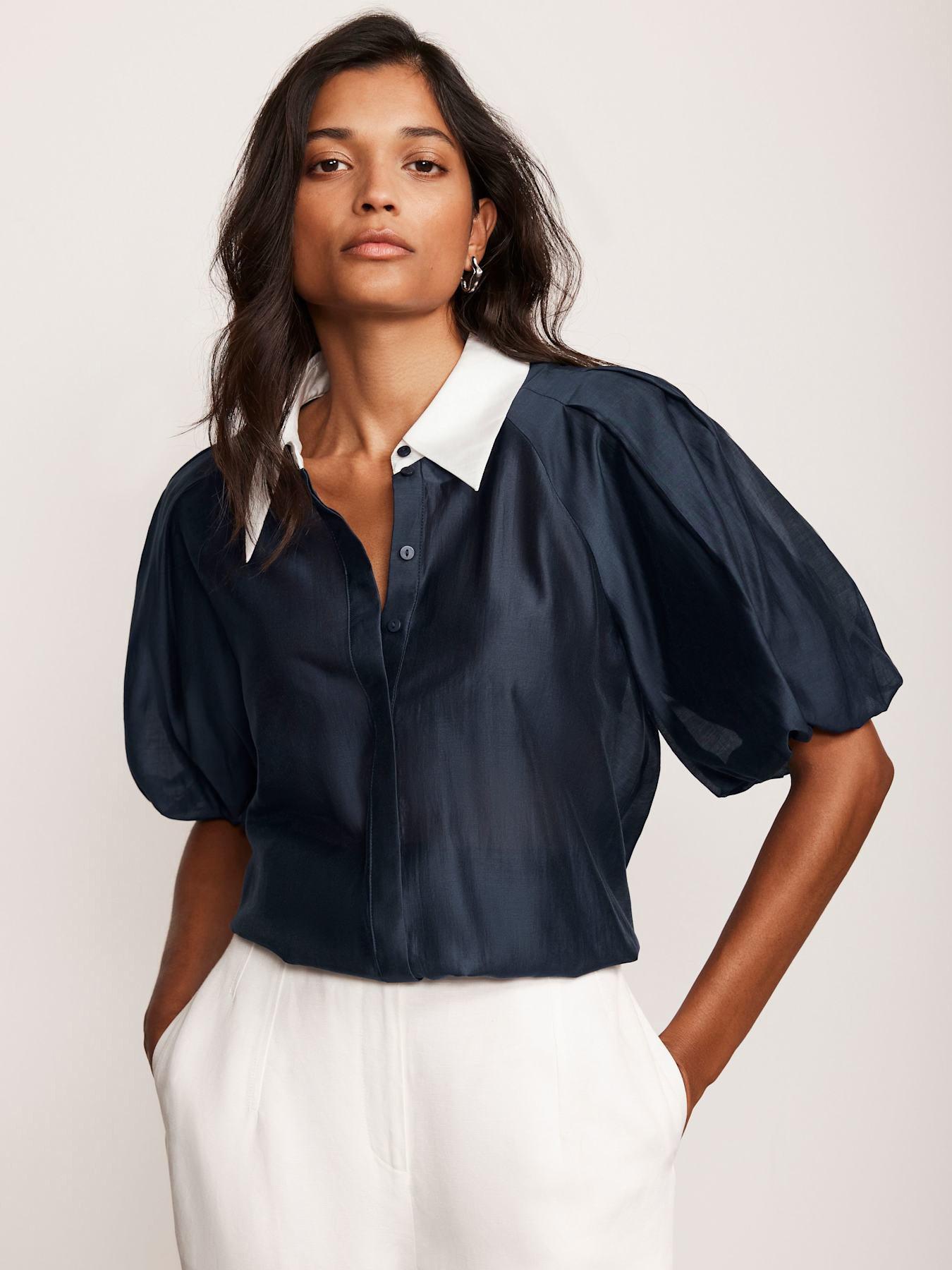 Image 1 of 6 of Mint Velvet Contrast Collar Shirt - Navy