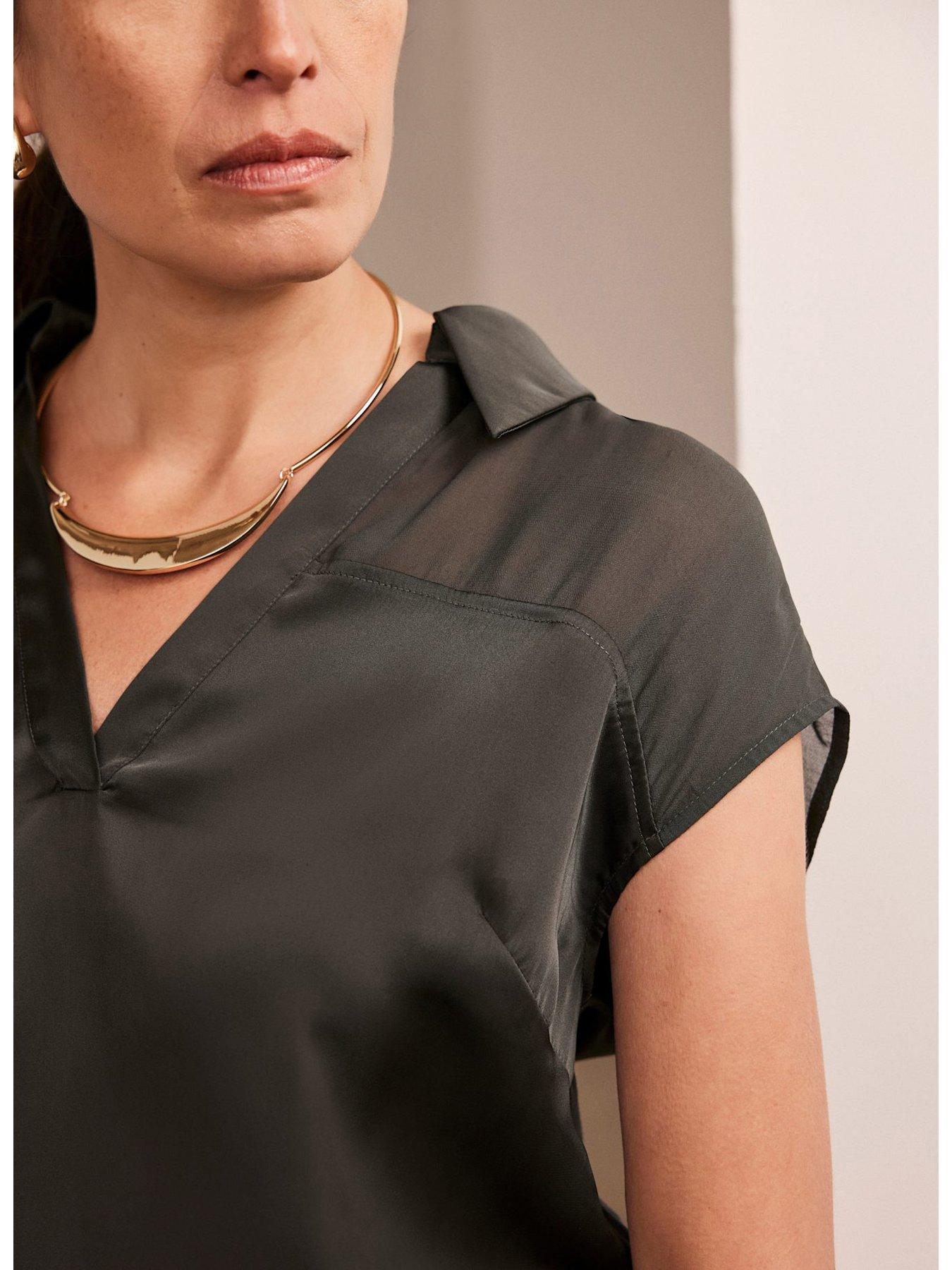 Image 4 of 6 of Mint Velvet Satin V-Neck Top - Khaki