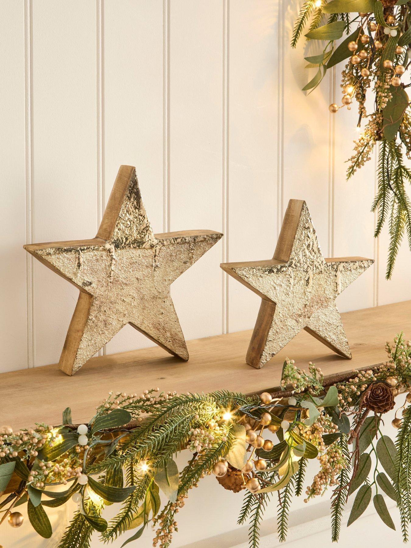 Heaven Sends Set of 2 Gold Wooden Star Christmas Decorations