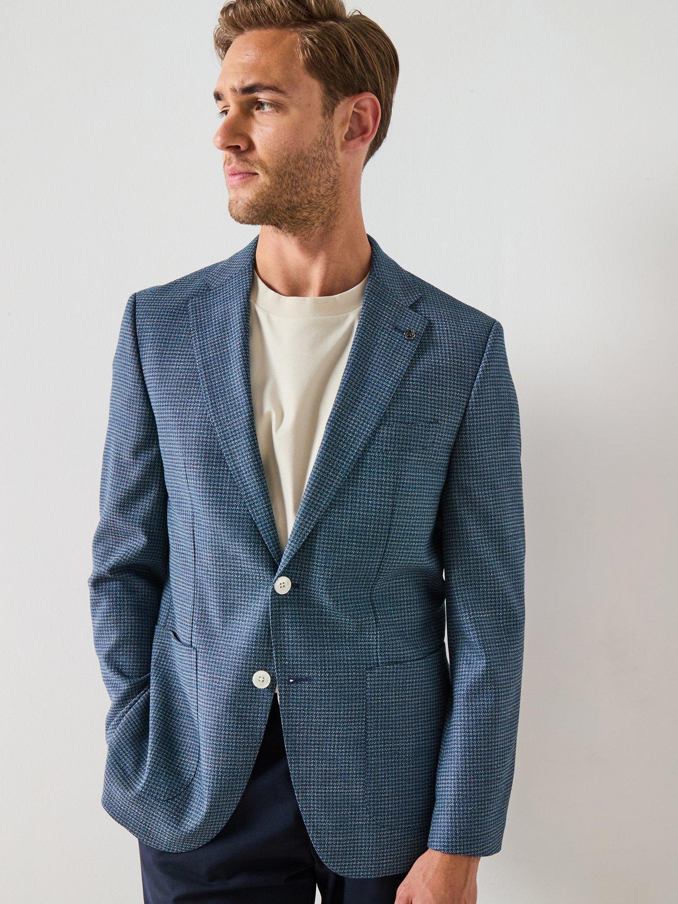 BOSS H-Jansonl Wool Blend Mini Check Suit Jacket - Navy