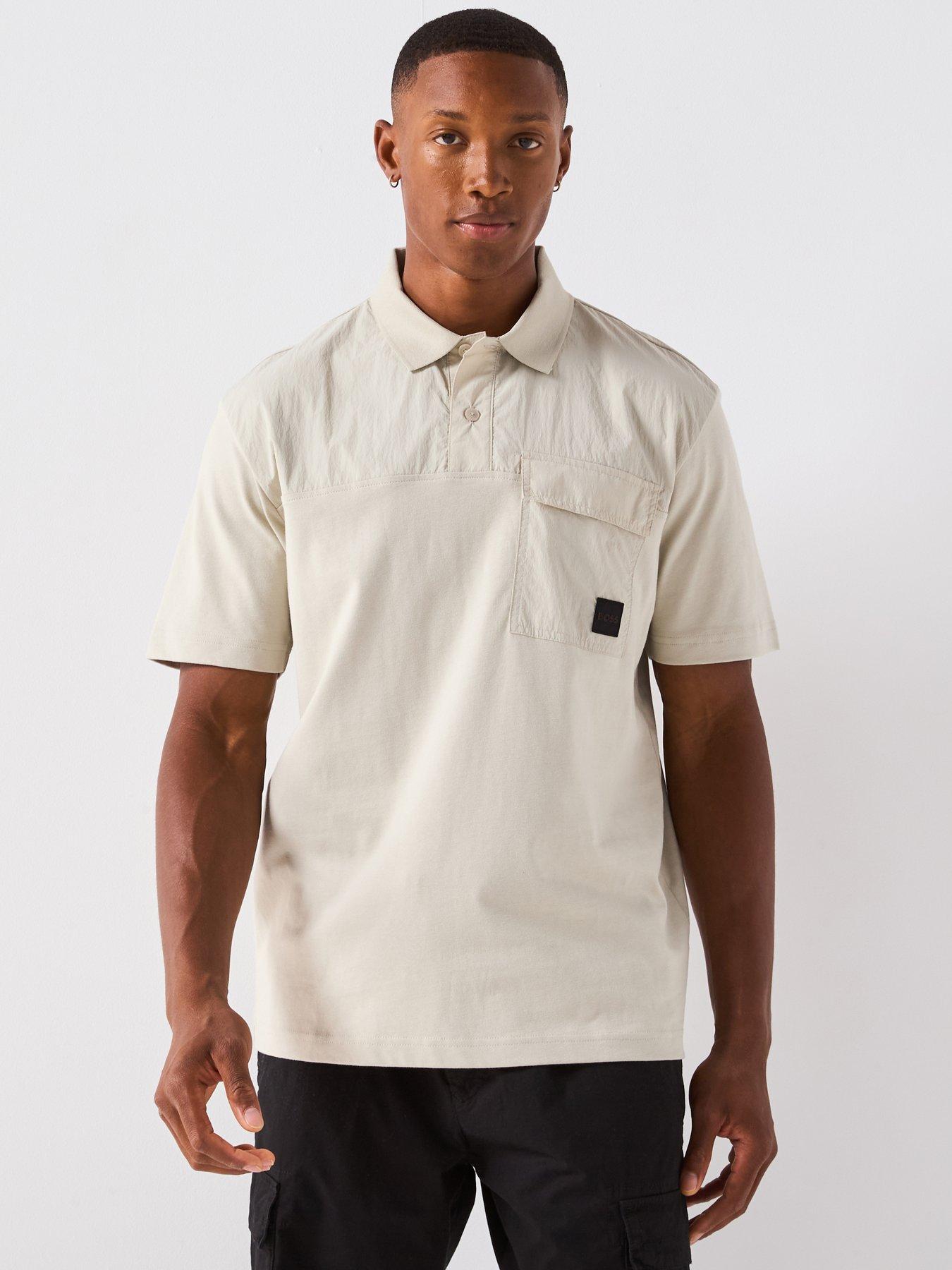 Image 1 of 6 of BOSS Panel Relaxed Fit Nylon Panel Polo Utility Shirt - Beige