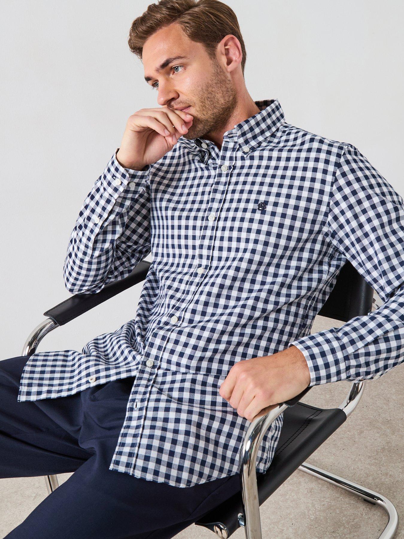 Image 1 of 6 of BOSS Roan Slim Fit Gingham Plaid Shirt - Navy