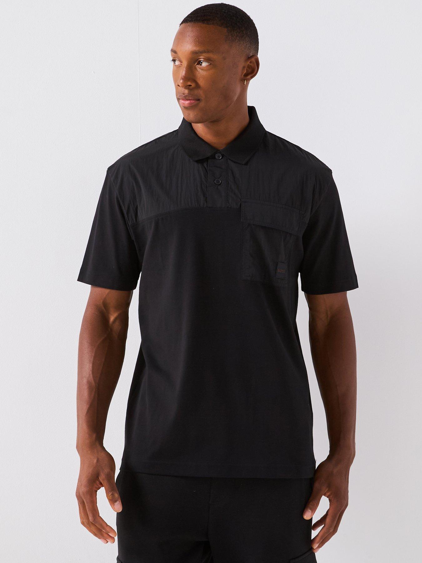 BOSS Panel Relaxed Fit Nylon Panel Polo Shirt - Black