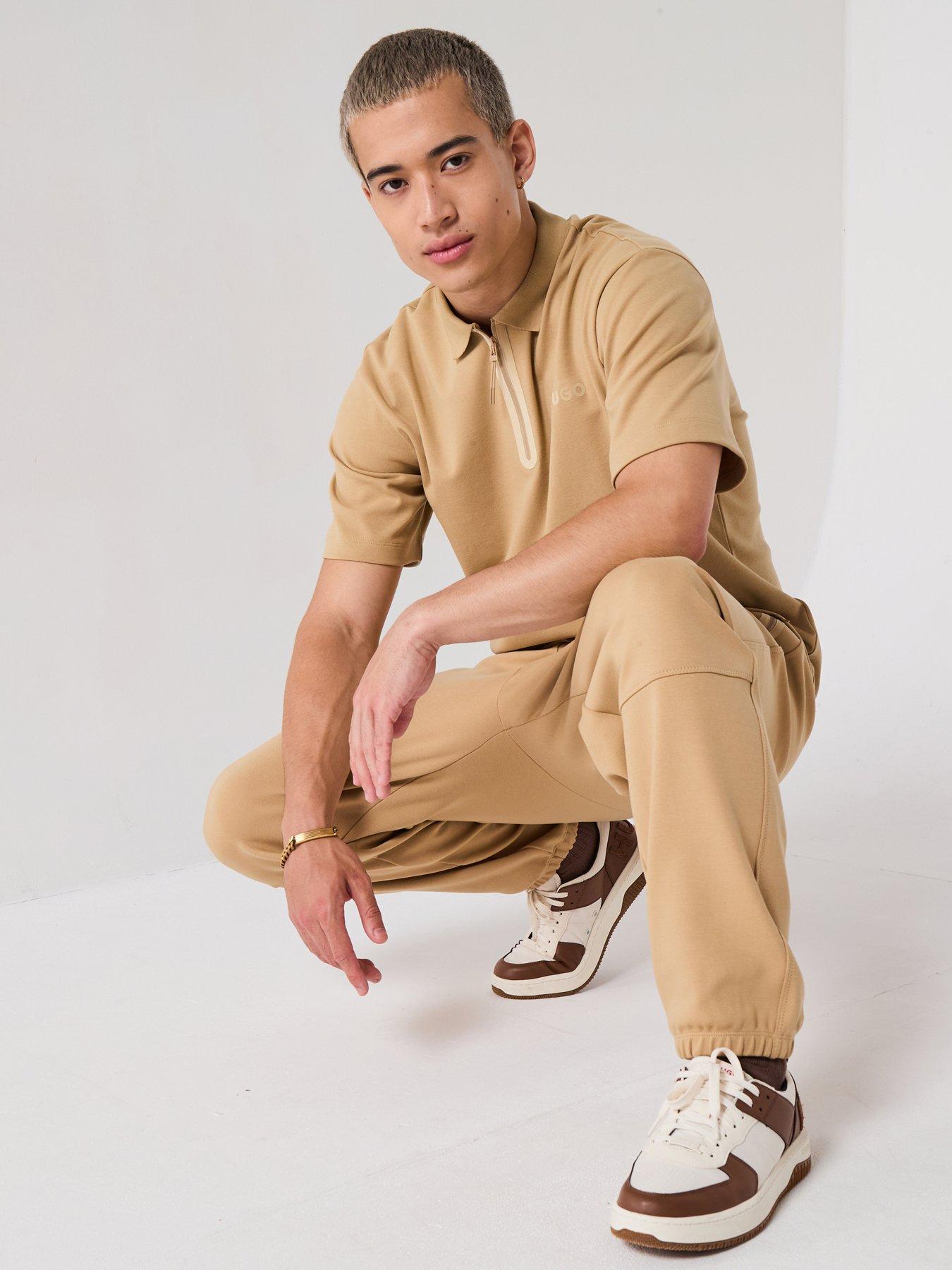 HUGO Relaxed Fit Dubilo Teck Zip Polo Shirt - Beige