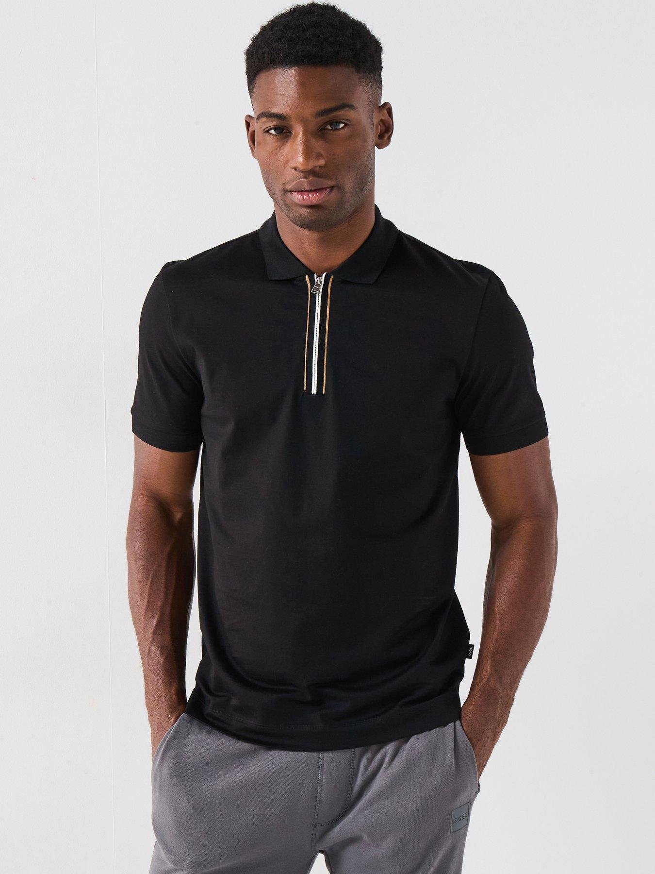BOSS Stripe Zip Neck Polo Shirt - Black