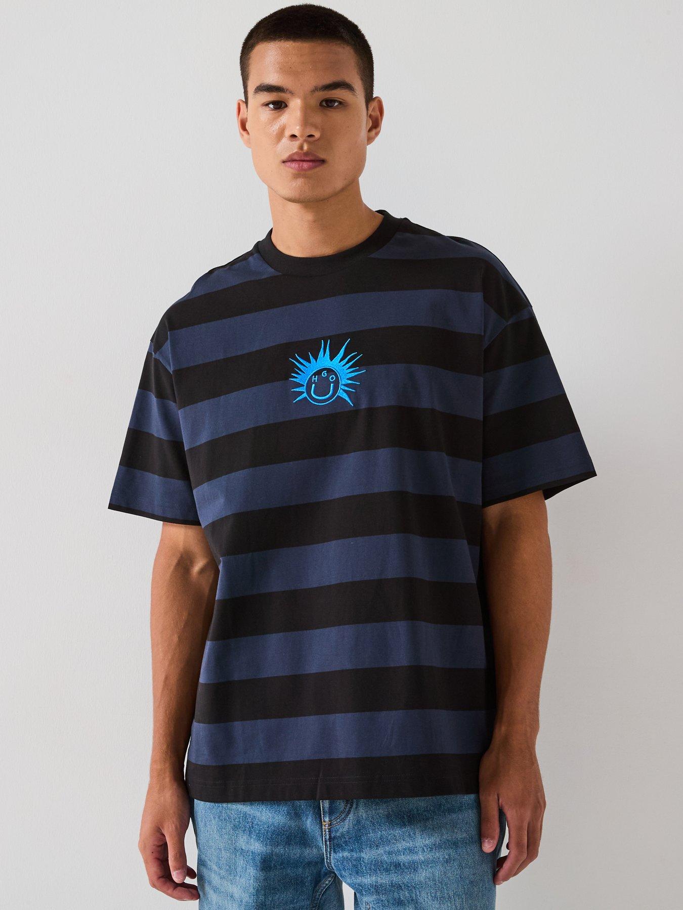 HUGO Blue Nisite Loose Fit Smiley Face Stripe T-Shirt - Black