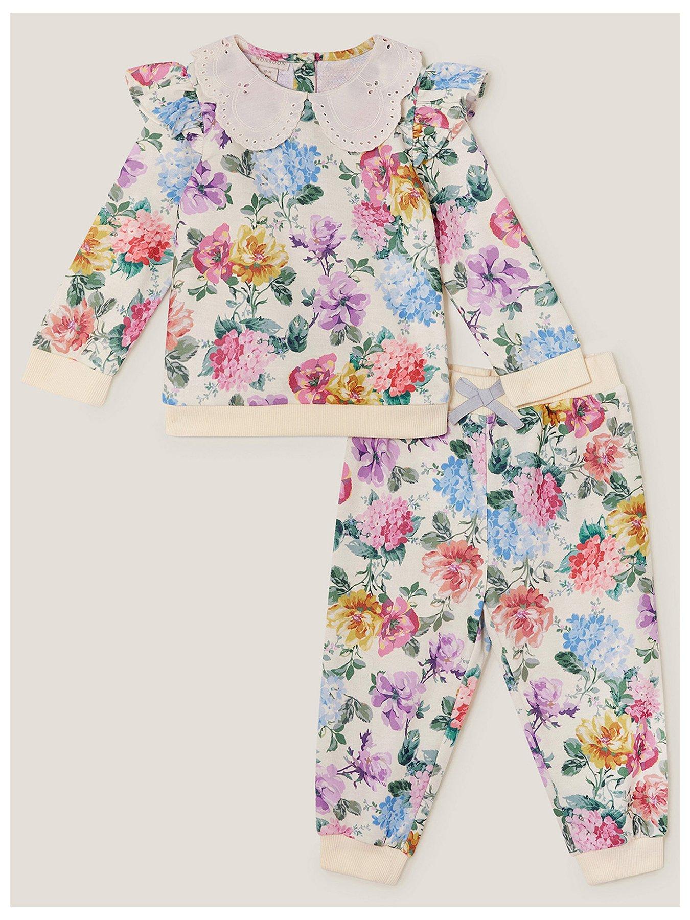Image of Monsoon Baby Girls Floral Collared Sweatshirt And Joggers Set - Light Cream