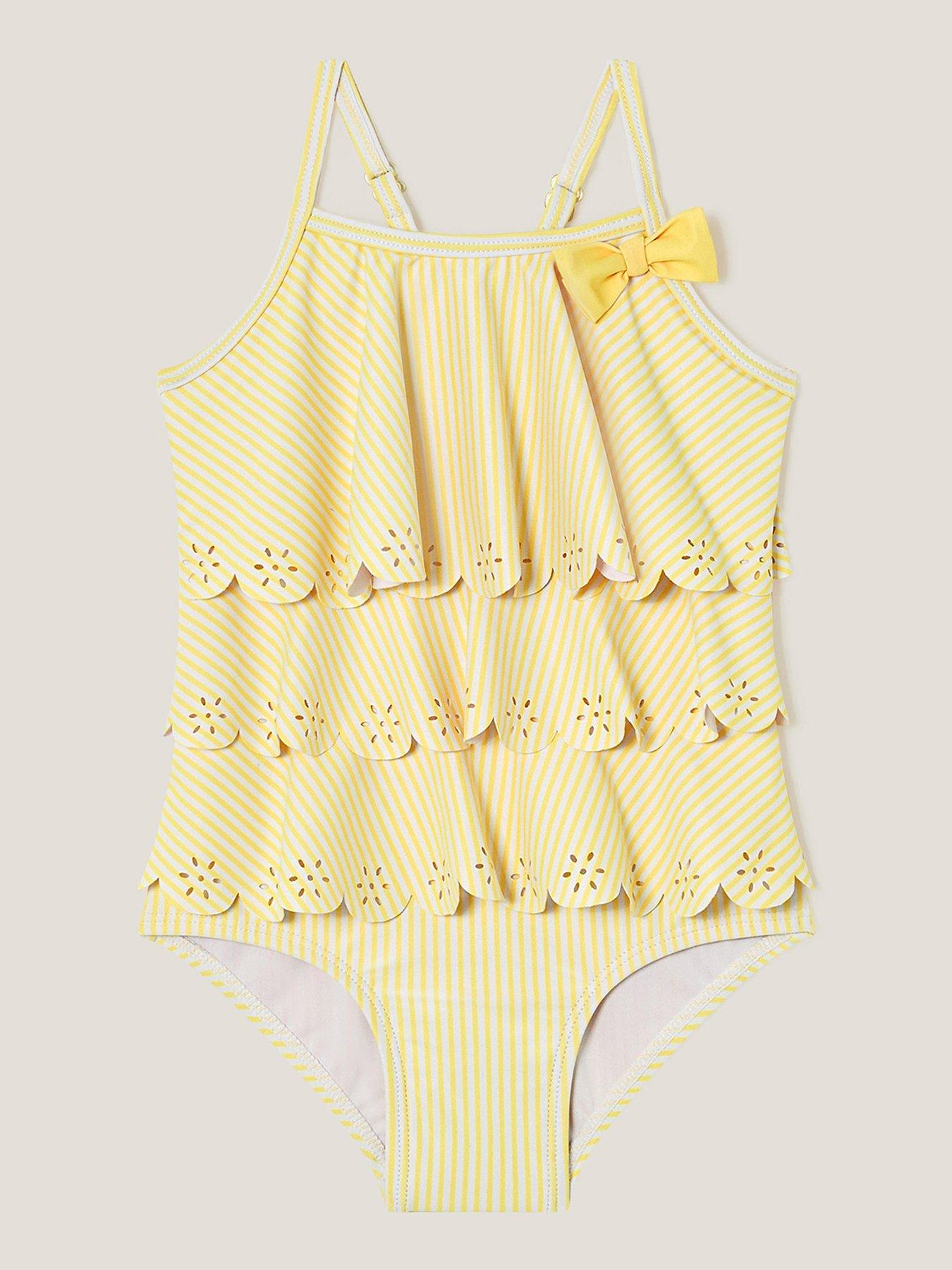 undefined Baby Girls Tiered Frill Stripe Swimsuit - Yellow