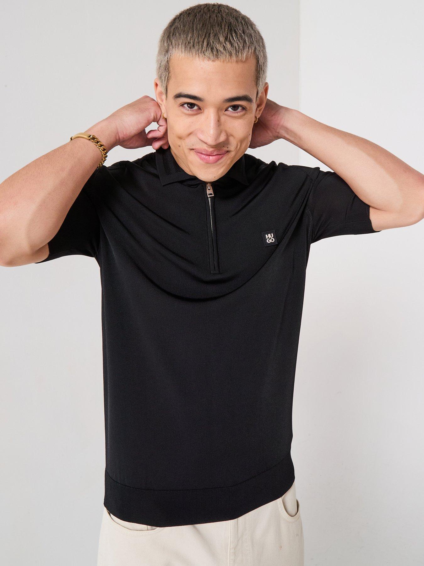 HUGO Sayfong-4 Zip Neck Stacked Logo Knitted Polo Shirt - Black