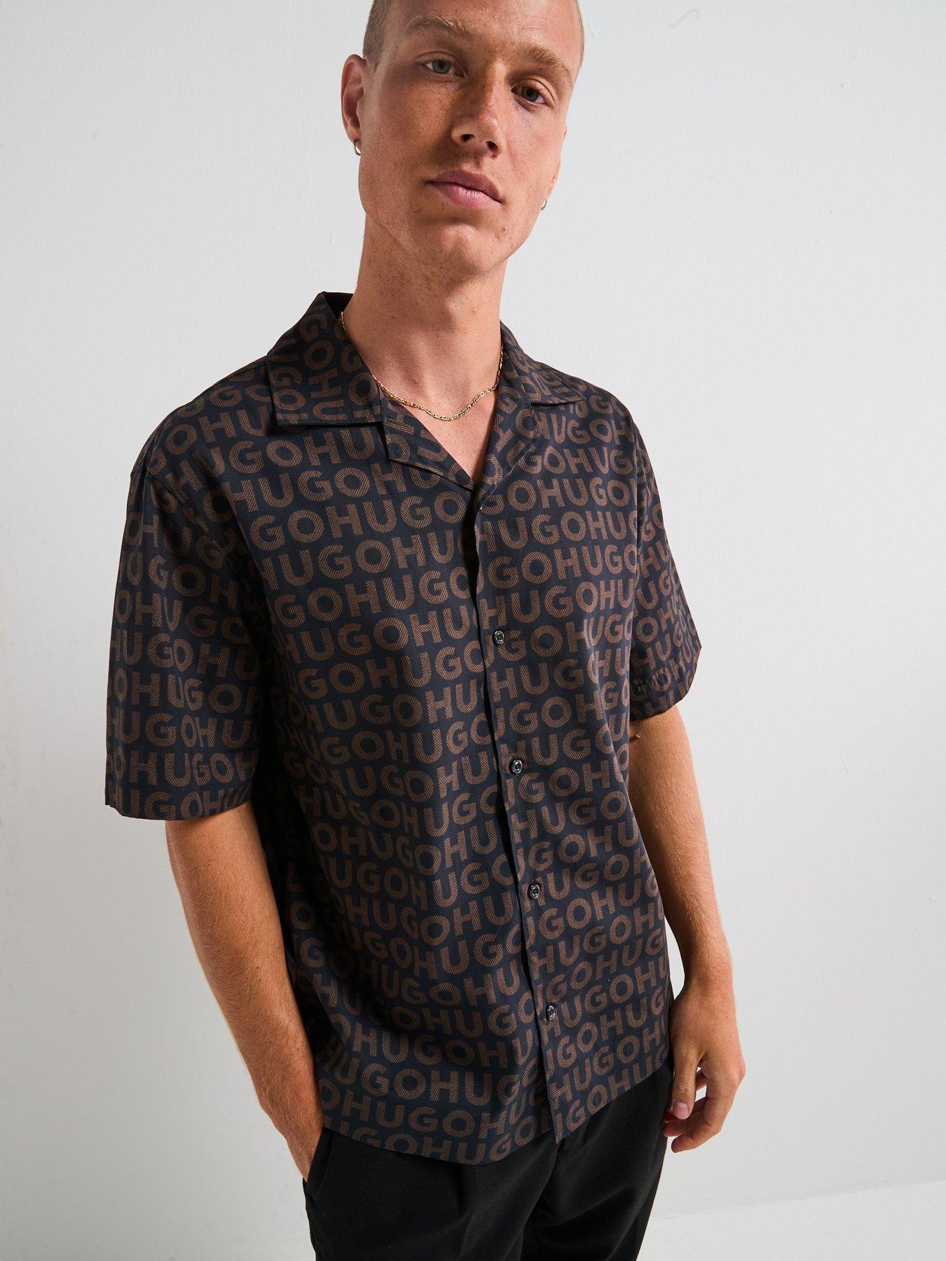 HUGO Oversized Fit All Over Logo Print Espino Shirt - Brown