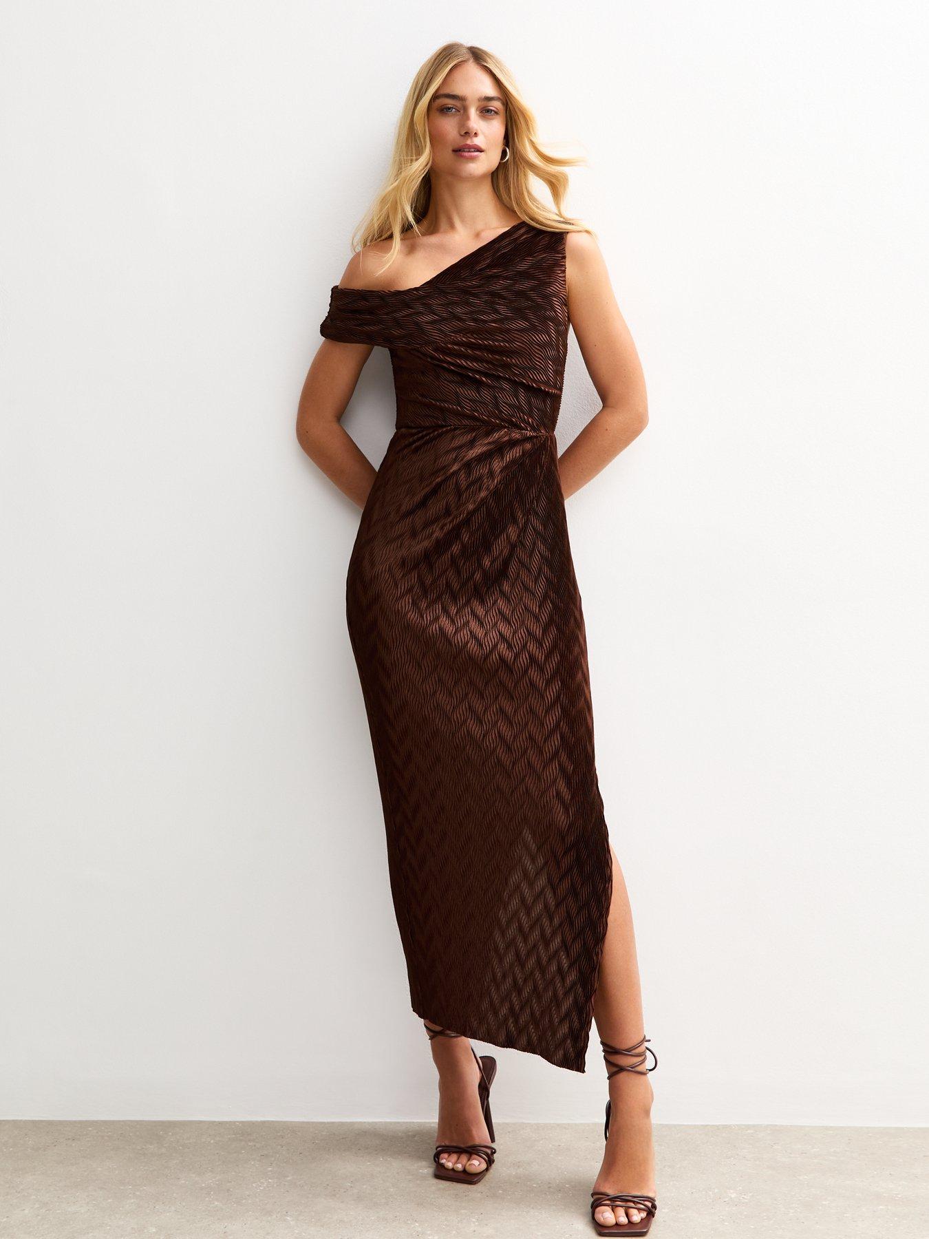 new look asymmetric dress New Look Textured One Shoulder Slit Hem Midi Dress - Brown