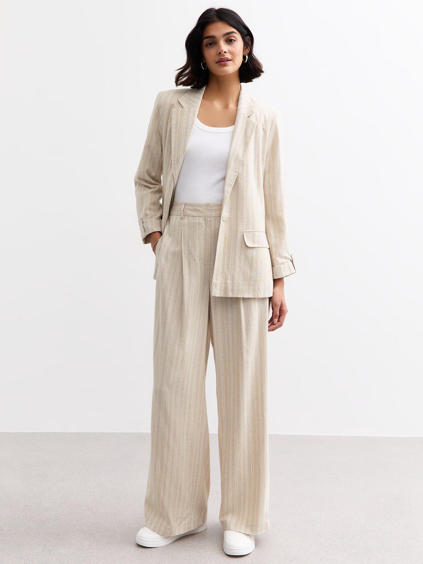 New Look Cream Striped Wide Leg Tailored Trousers