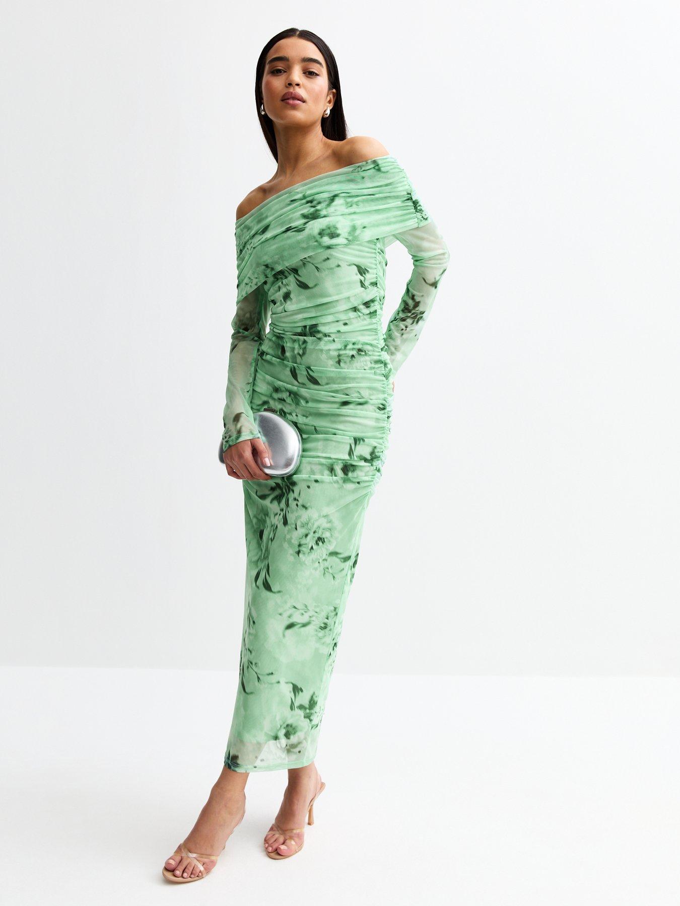 New Look Floral Print Mesh Bardot Midi Dress - Green | Very Ireland